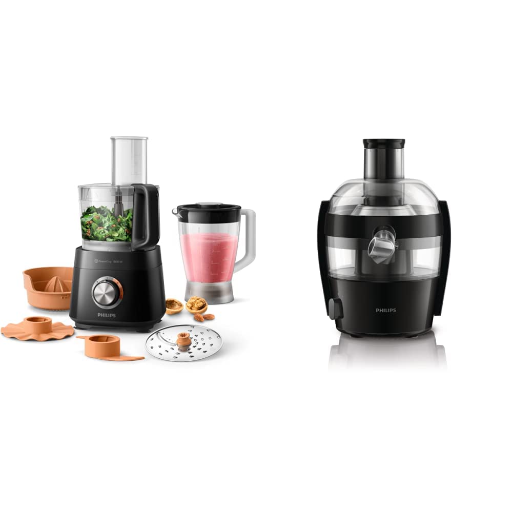 خرید از آمازون - Philips Kompakte Küchenmaschine – 800W, 29 Funktionen, 2.1-Liter-Behälter, PowerChop, Edelstahlklinge (HR7510/10) & Entsafter – 500W, 1.5L, NutriU-Rezepte-App, QuickClean (HR1832/00)