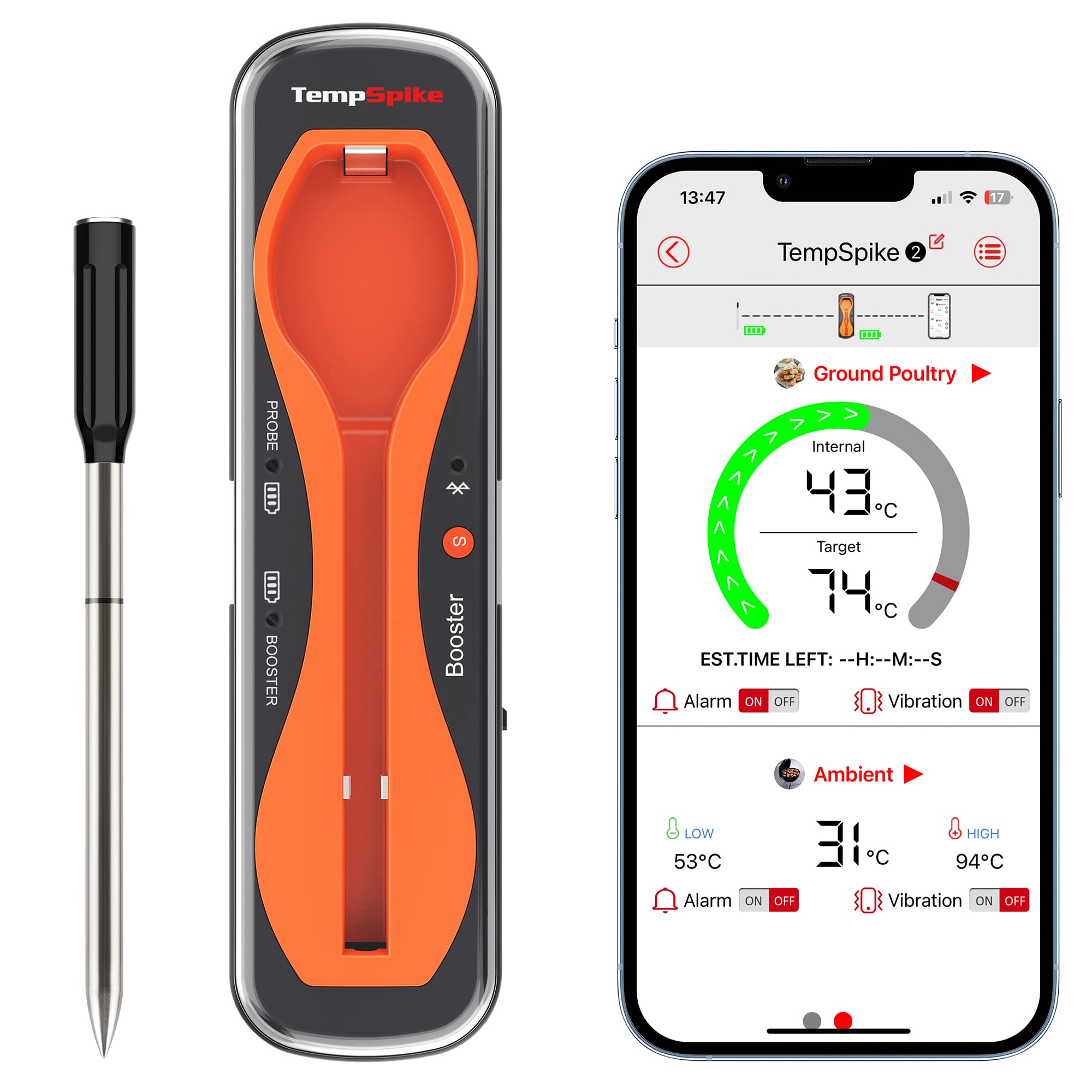 خرید از آمازون - ThermoPro TempSpike Fleischthermometer Kabellos 150m Bluetooth Grillthermometer IP67 Meat Thermometer Bratenthermometer für Backofen Grill Smoker Rotisserie Airfryer Sicher im Geschirrspüler Orange