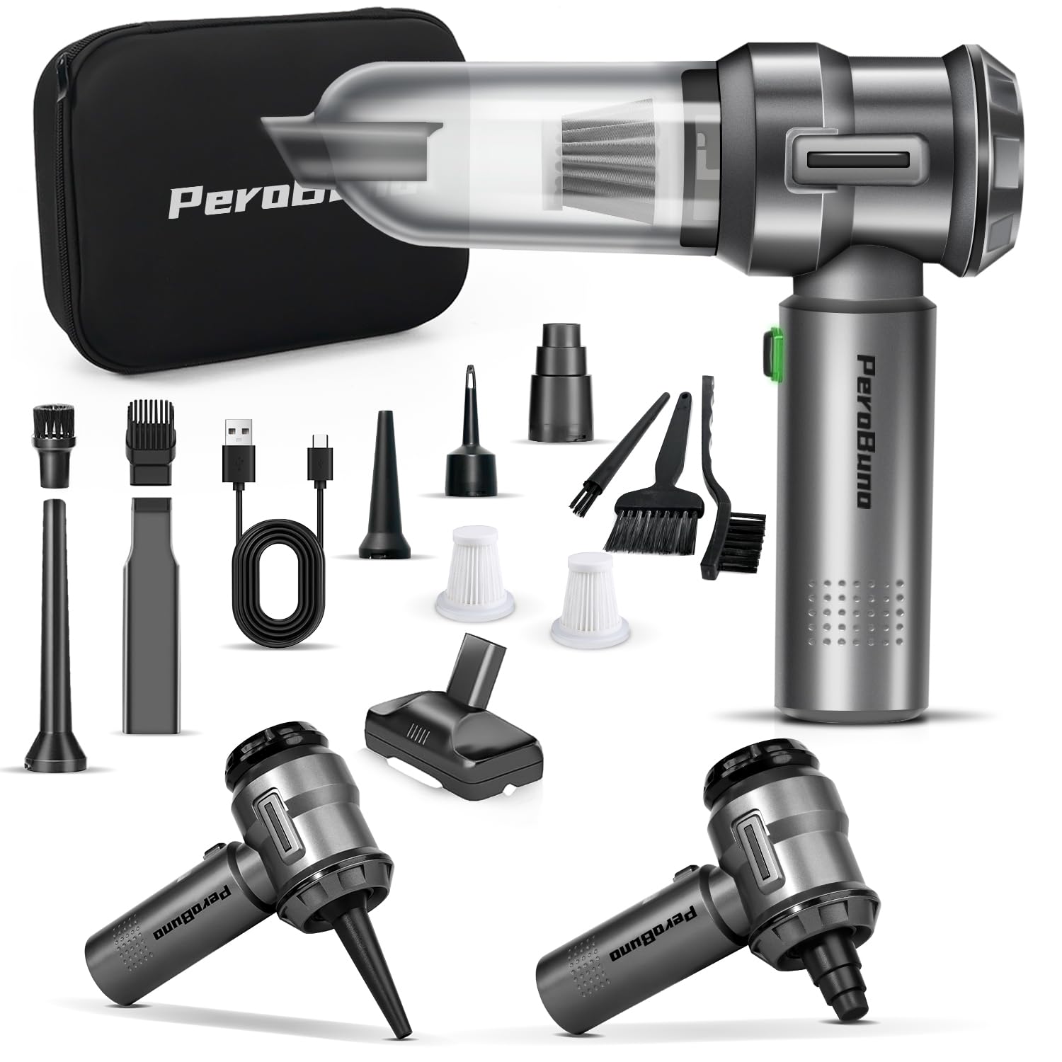 جارو شارژی مینی دستی PeroBuno 2 در 1، بی سیم، جاروبرقی ماشین قوی 18KPA، باتری 35 دقیقه کارکرد، دمنده گرد و غبار 3 سرعته 200000 دور در دقیقه هوای فشرده، اسپری هوای فشرده، جاروبرقی صفحه کلید
