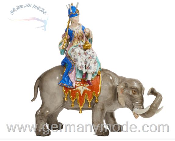 مجسمه نقاشی با دست دکوری چینی آنتیک قدیمی 19th C Meissen Porcelain Figure of a Sultana Riding an Elephant with a Crown
