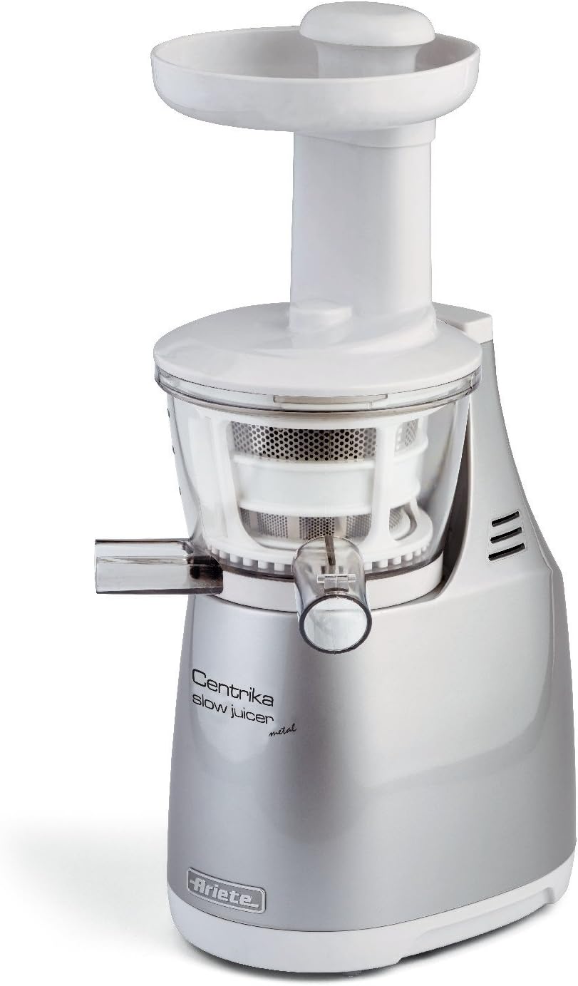 آبمیوه گیری آهسته عصاره گیر آریته ایتالیا Ariete 00C016800AR0 آبمیوه گیری آهسته 168 با تنها 65 دور در دقیقه برای آبمیوه گیری بیشتر و بهتر، فولاد ضد زنگ، نقره ای/سفید، 150 وات