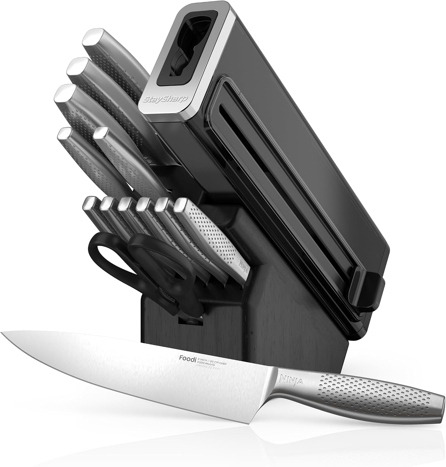ست چاقو آشپزخانه نینجا آمریکا ۱۴ تکه Ninja K62014EUUK با بلوک چوبی زغالی و تیزکن چاقوی یکپارچه