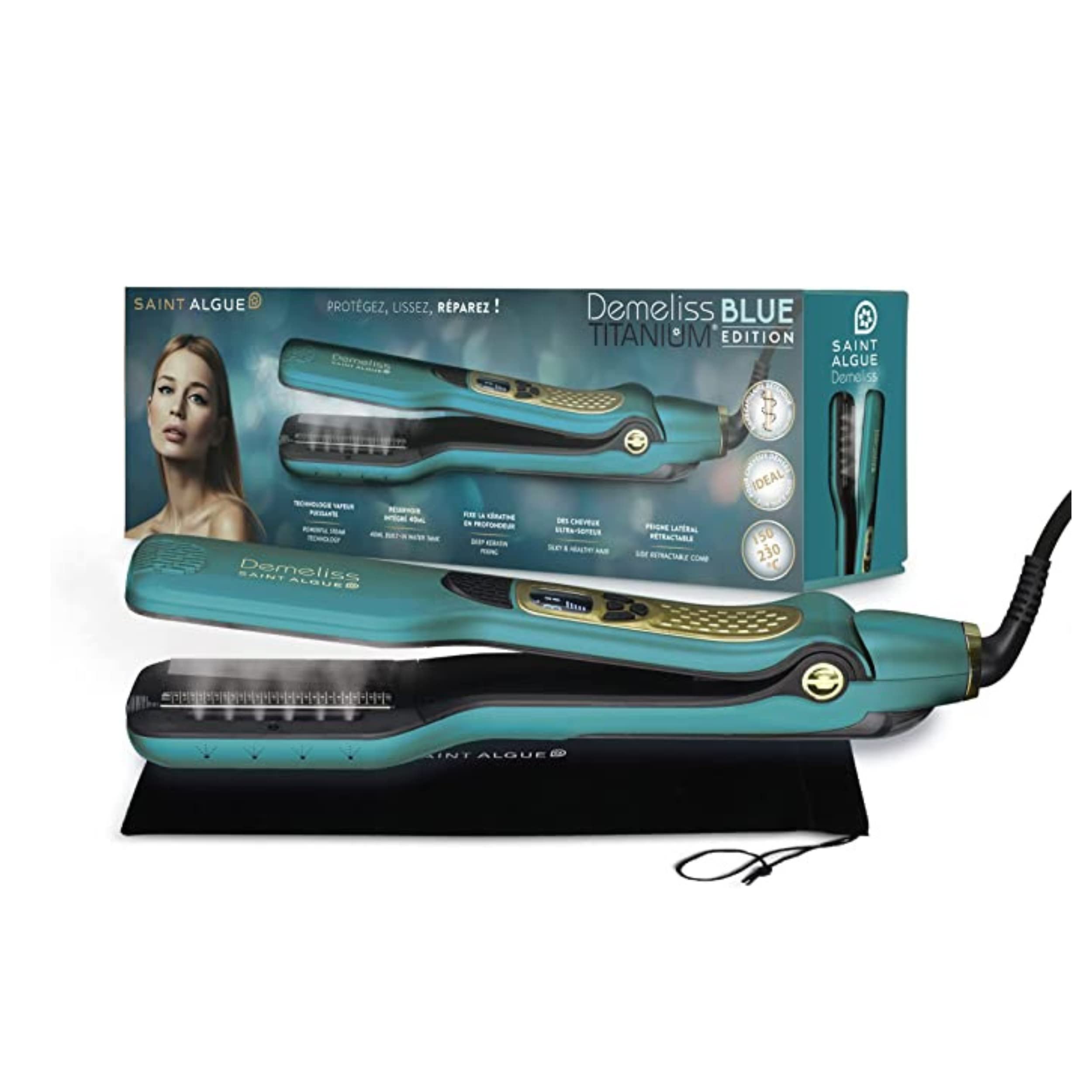 اتو مو برقی - DEMELISS - صفحه تیتانیوم صاف کننده مو Saint Algue Steam - Steam Styler - Maxi Tank یکپارچه 40ml - شانه کناری قابل جابجایی - صاف کننده و محافظت فوق العاده مو - نسخه آبی
