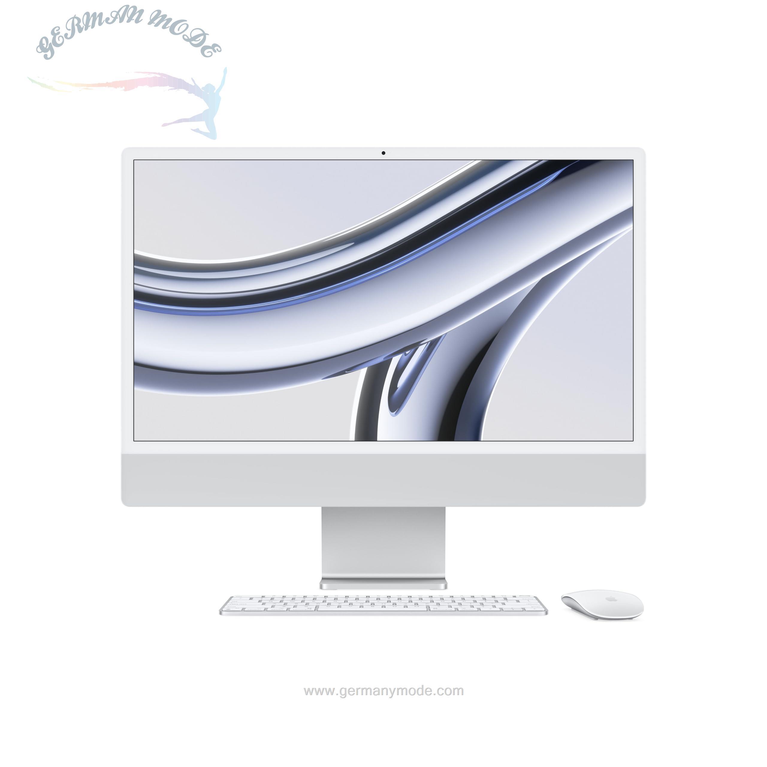 آی مک 24 اینچی اپل اورجینال رایانه رومیزی همه‌کاره iMac 2023 اپل با تراشه M3: CPU 8 هسته‌ای، GPU 10 هسته‌ای، صفحه نمایش 24 اینچی 4.5K رتینا، 8 گیگابایت رم مشترک، 512 گیگابایت حافظه SSD، لوازم جانبی مشابه. CPU 8 هسته‌ای نقره‌ای