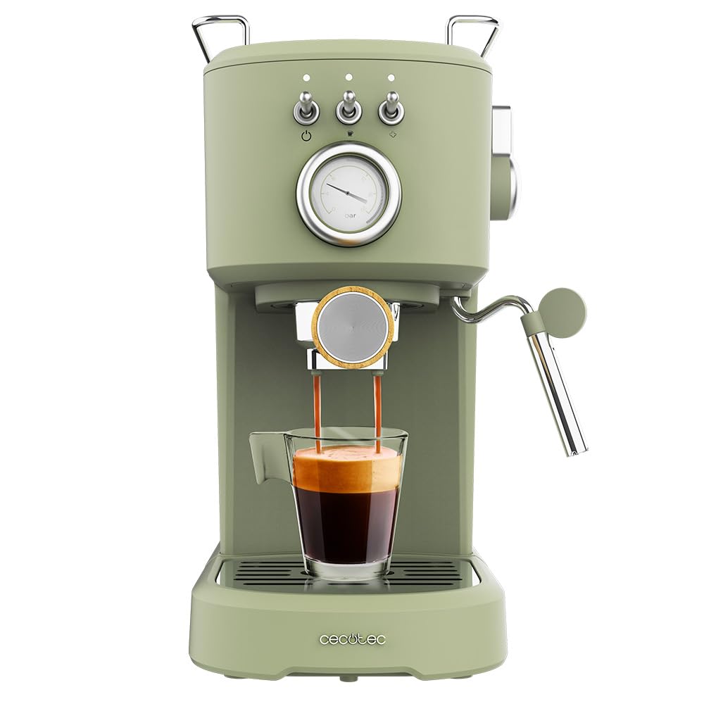 اسپرسو ساز سکوتک اسپانیا Cecotec مدل Compact Power Espresso 20 Retro Green با قدرت 1100 وات، فشار 20 بار، سیستم ترموبلاک، بخارپز گردان، بازوی فیلتردار با دو خروجی و 2 فیلتر، 1.25 لیتر