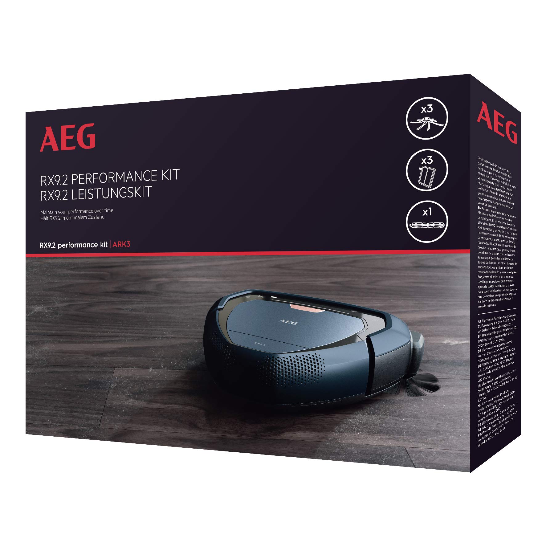 کیت عملکرد AEG ARK3 برای جاروبرقی ربات RX9-2 (1 رول برس برای سطوح مختلف، 3 فیلتر XXL برای آلرژن‌ها و گرده، 3 برس جانبی برای قدرت مکش بهینه، مشکی)