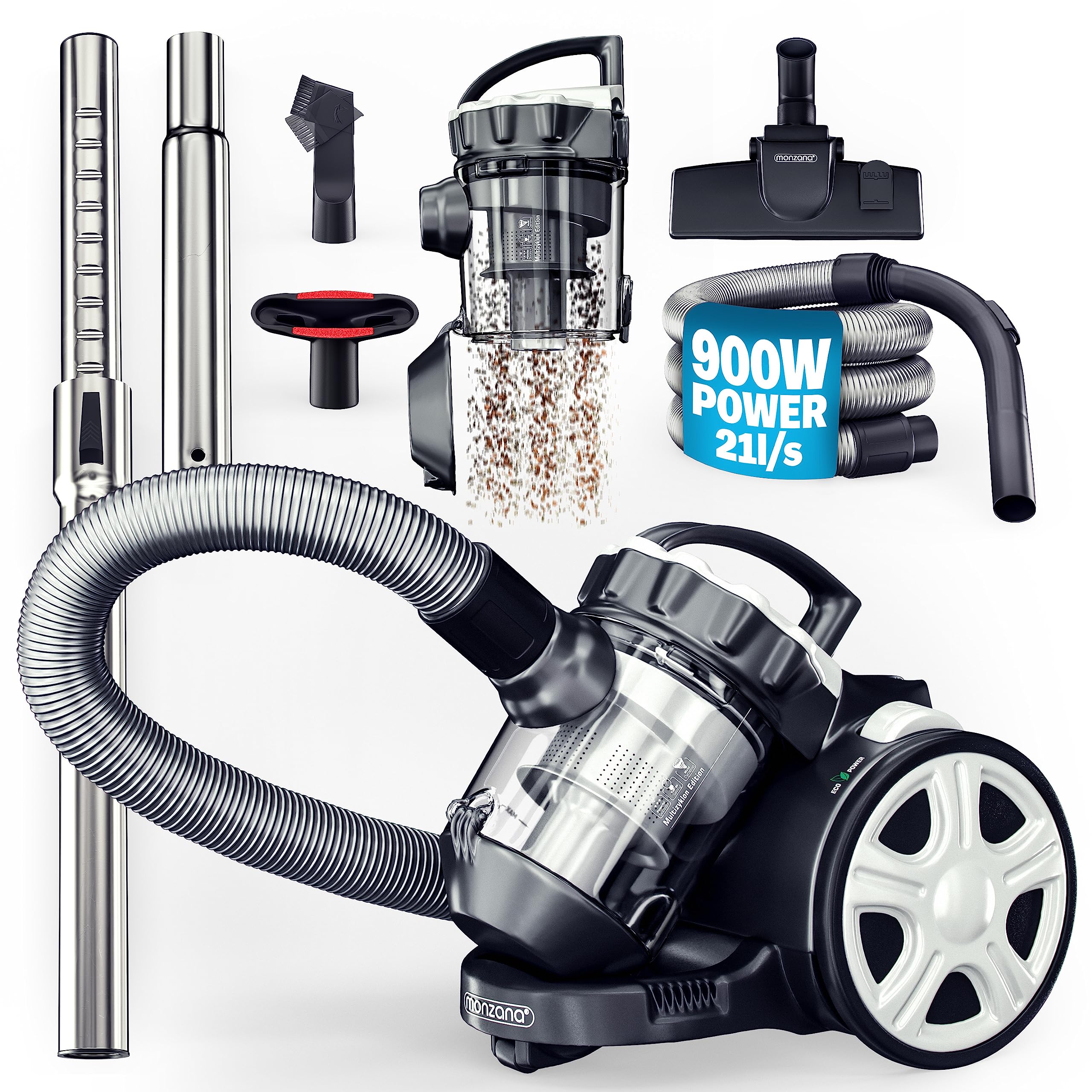 جارو برقی Monzana® cyclone بدون کیسه 900 وات 1.5 لیتری ظرف گرد و غبار جاروبرقی خانگی شامل لوازم جانبی جاروبرقی موی حیوانات فرش HEPA فیلتر نقره نقره ای متالیک