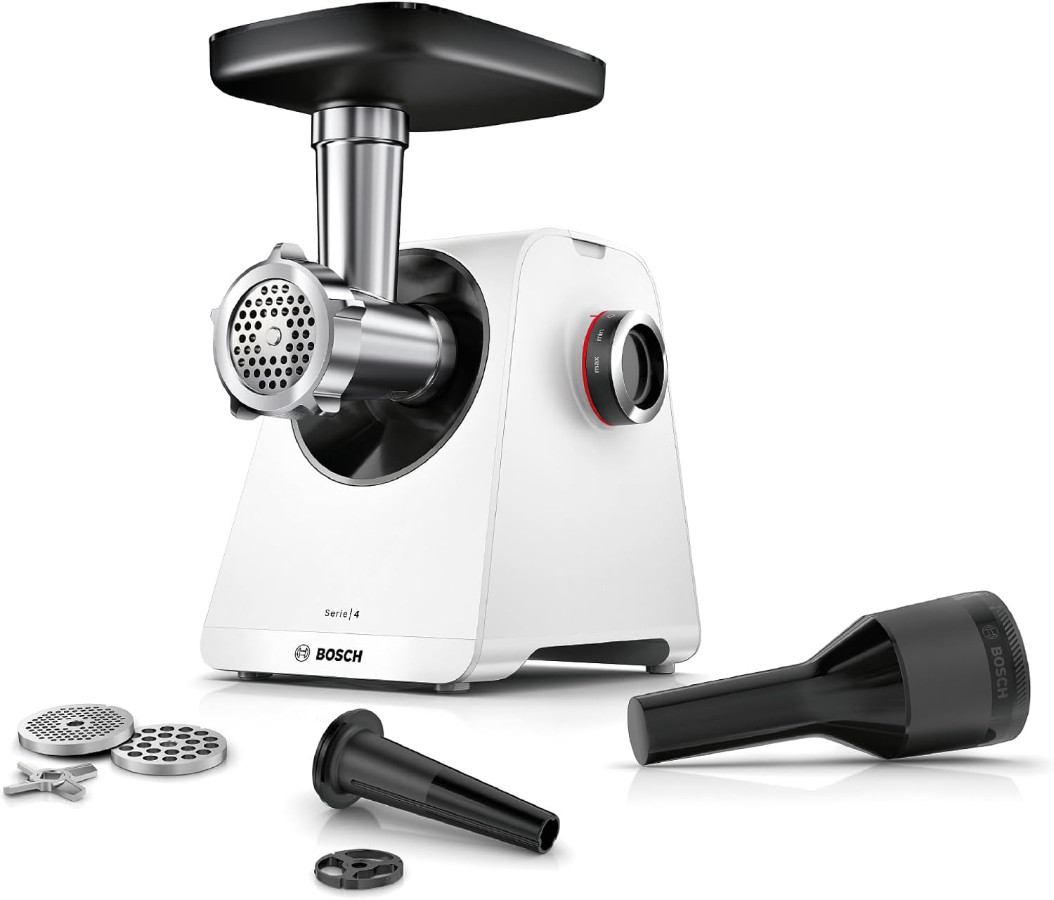چرخ گوشت بوش آلمان سری 4 Bosch MFWS420W، جمع و جور، 2 سرعته، 2 دیسک سوراخ دار (3 و 8 میلی متر)، سوسیس پرکن، 10 سال گارانتی موتور، دنده سیاره ای، 1900 وات
