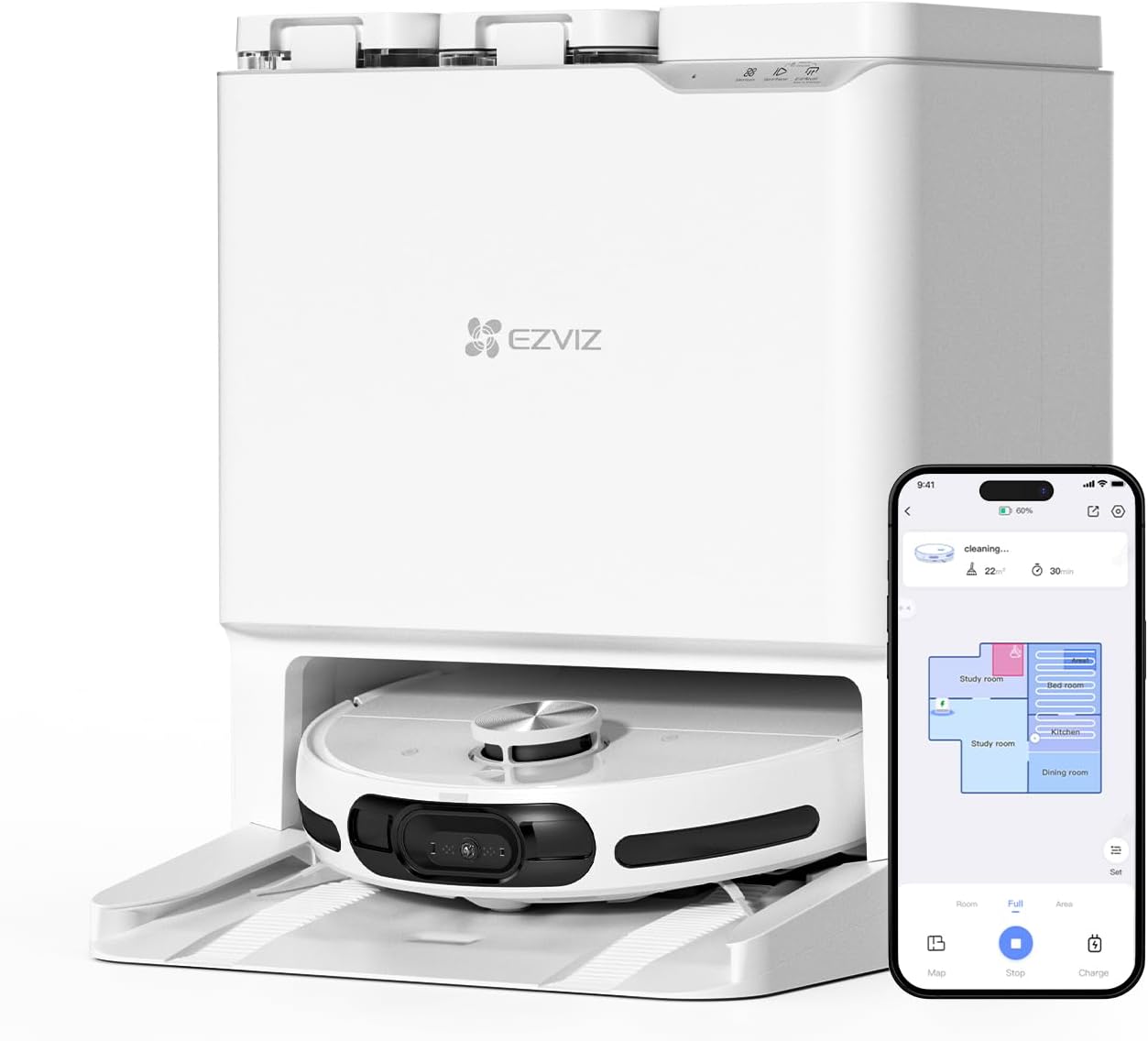 جارو رباتیک ربات جارو برقی ازویز EZVIZ RS20 Pro با تخلیه گرد و غبار و تعویض آب، 7200 Pa، LDS LiDAR و شناسایی موانع 3 بعدی لیزری، تشخیص فرش، نصب و حذف خودکار موپ