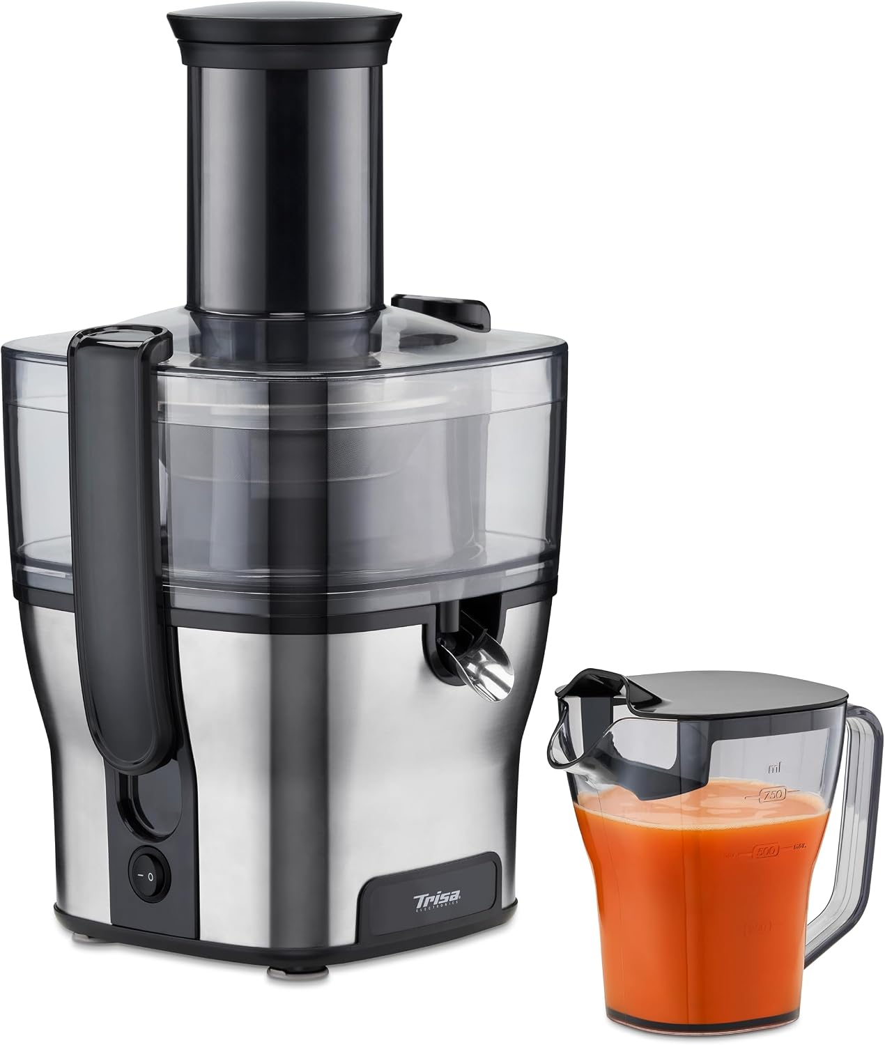 آبمیوه‌ گیری تریزا سوئیس Trisa Pure Juice عملکرد بالای آبمیوه ۱۲۵۰۰ دور در دقیقه، دهانه ۷۵ میلی‌متری، فیلتر استیل ضد زنگ، پارچ آبمیوه ۷۵۰ میلی‌لیتری، ظرف تفاله ۲ لیتری