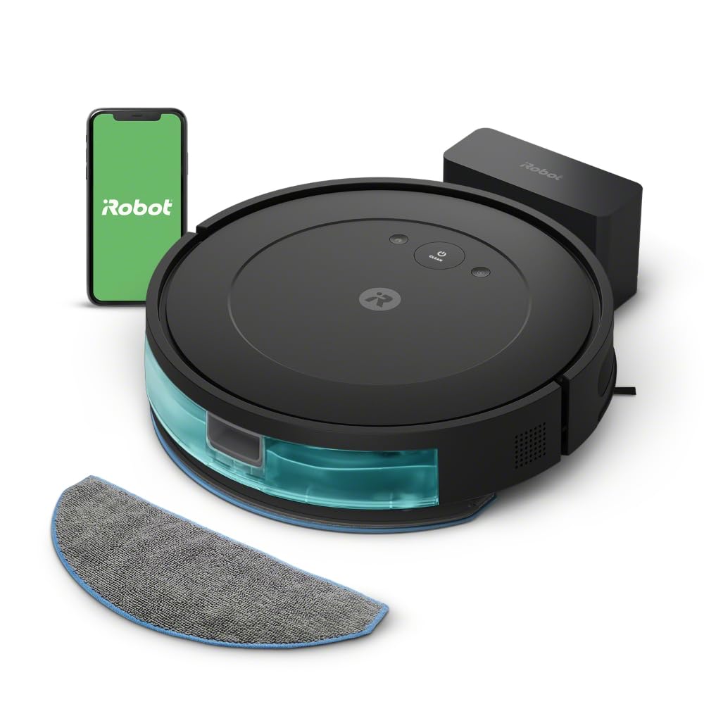 جارو رباتیک ربات جارو برقی و پاک کننده ضروری iRobot Roomba Combo (Y0110)، جاروبرقی و پاک کننده قدرتمند، 3 سطح مکش، تمیز کردن نقطه، قابل کنترل از طریق برنامه، دکمه ها یا صدا، Scharwz Roomba Combo Essential (مشکی)