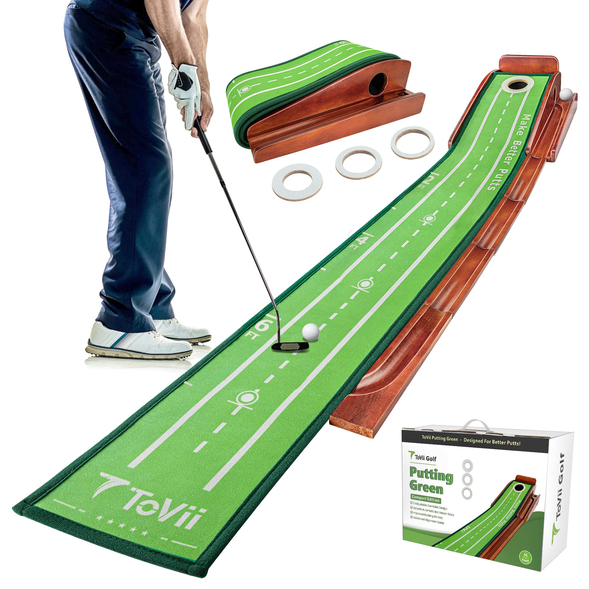خرید از آمازون - ToVii Putting Green-Golf Putting Matt برای داخل/خارج از خانه، تشک تمرین گلف با سیستم بازگشت خودکار توپ و 3 سوراخ جانبی کاهش یافته، لوازم جانبی گلف برای مردانی که در خانه یا محل کار بازی گلف انجام می دهند