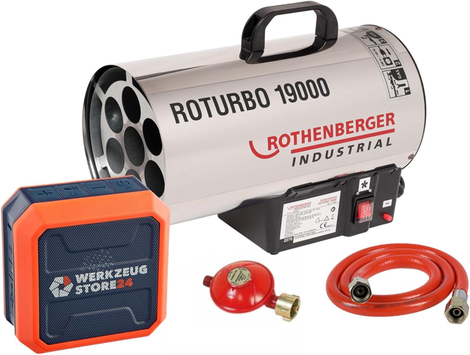 بخاری صنعتی گازی روتنبرگر آلمان Rothenberger RoTurbo 19000 با پیزو، شلنگ و رگلاتور | دمای شعله 980 درجه سانتی‌گراد | همراه با اسپیکر بلوتوثی با 30 ساعت زمان کار