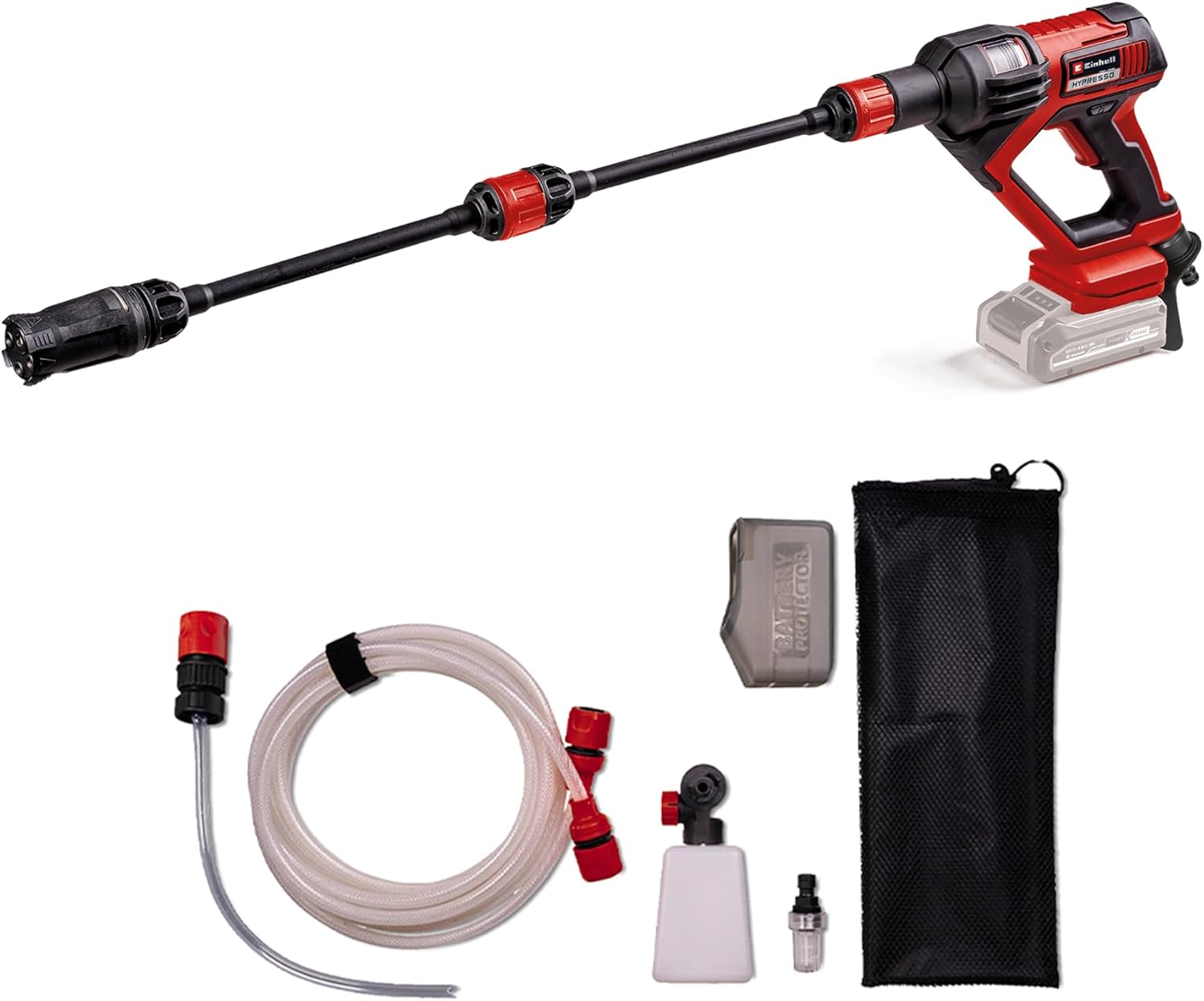 کارواش تفنگی شستشوی فشاری شارژی اینهل آلمان Einhell HYPRESSO 18/24-1 Power X-Change (18 ولت، 24 بار، تمیز کردن و آبیاری موبایل، 240 لیتر در ساعت، شامل لوازم جانبی، بدون باتری و شارژر)
