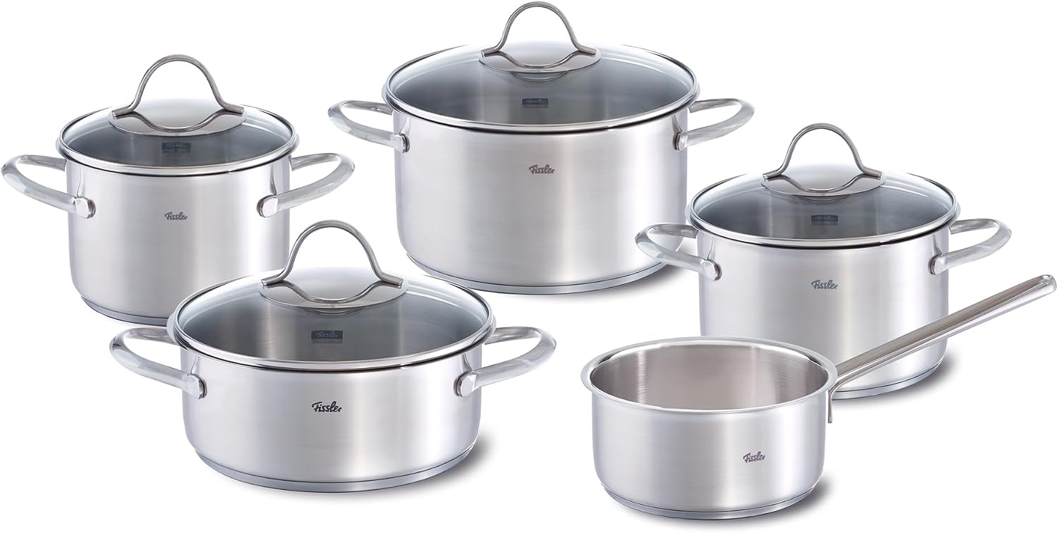 سرویس 5 پارچه فیسلر آلمان Fissler Palermo / ست قابلمه 5 تکه استیل ضد زنگ، قابلمه شامل درب شیشه ای (3 قابلمه پخت، 1 دیگ خورش، 1 قابلمه) - القایی