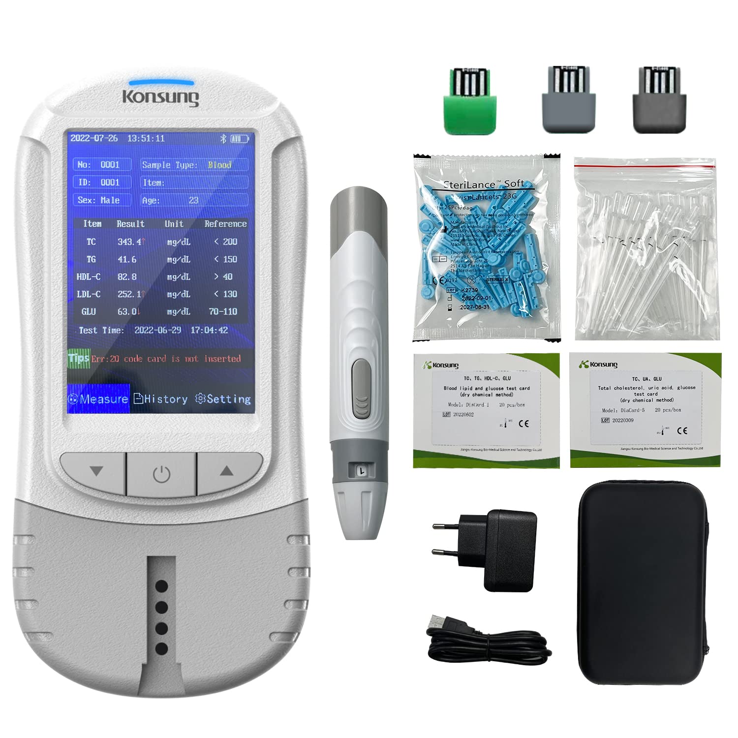خرید از آمازون - کلسترول سنج Konsung با 40 نوار تست، آنالایزر 6 در 1 برای اندازه گیری کلسترول تام، کلسترول LDL، کلسترول HDL، تری گلیسیرید، اسید اوریک و قند خون