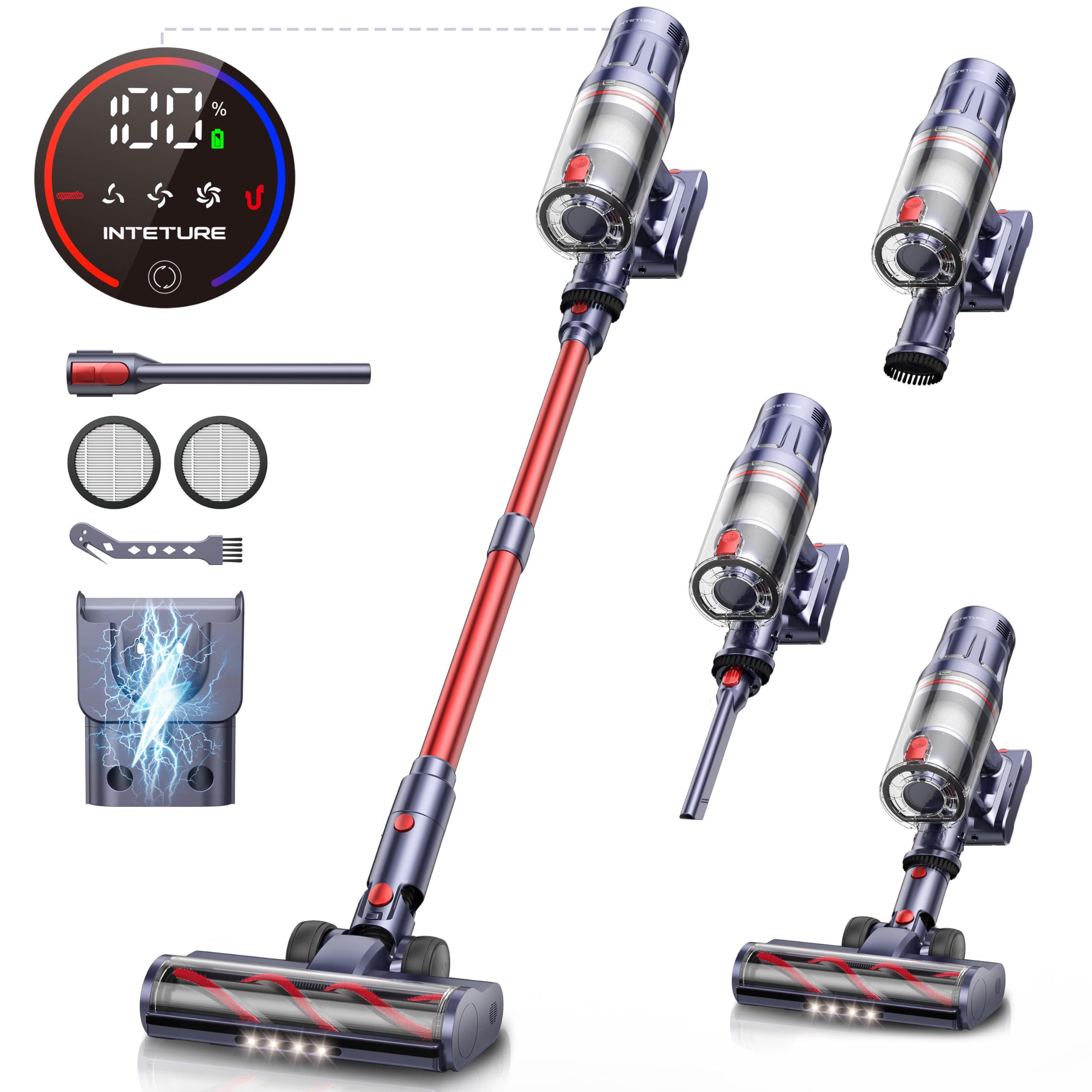 جارو شارژی INTETURE 45000Pa/550W/60mins، جاروبرقی بی سیم با عملکرد عمودی، پایه دیواری با ایستگاه شارژ یکپارچه، جارو شارژی فوق العاده بی صدا برای کف های سخت، فرش و موی حیوانات