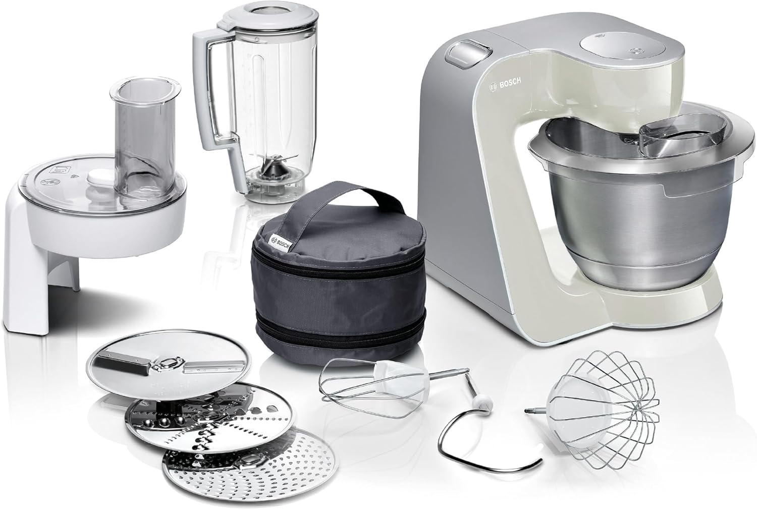غذا ساز همه کاره بوش آلمان سری 4 بوش Bosch MUM58L20، کاسه استیل 3.9 لیتری، همزن 1.25 لیتری، همزن سیاره ای، قلاب خمیر، همزن فولادی ضد زنگ، خردکن پیوسته، 3 دیسک، 1000 وات