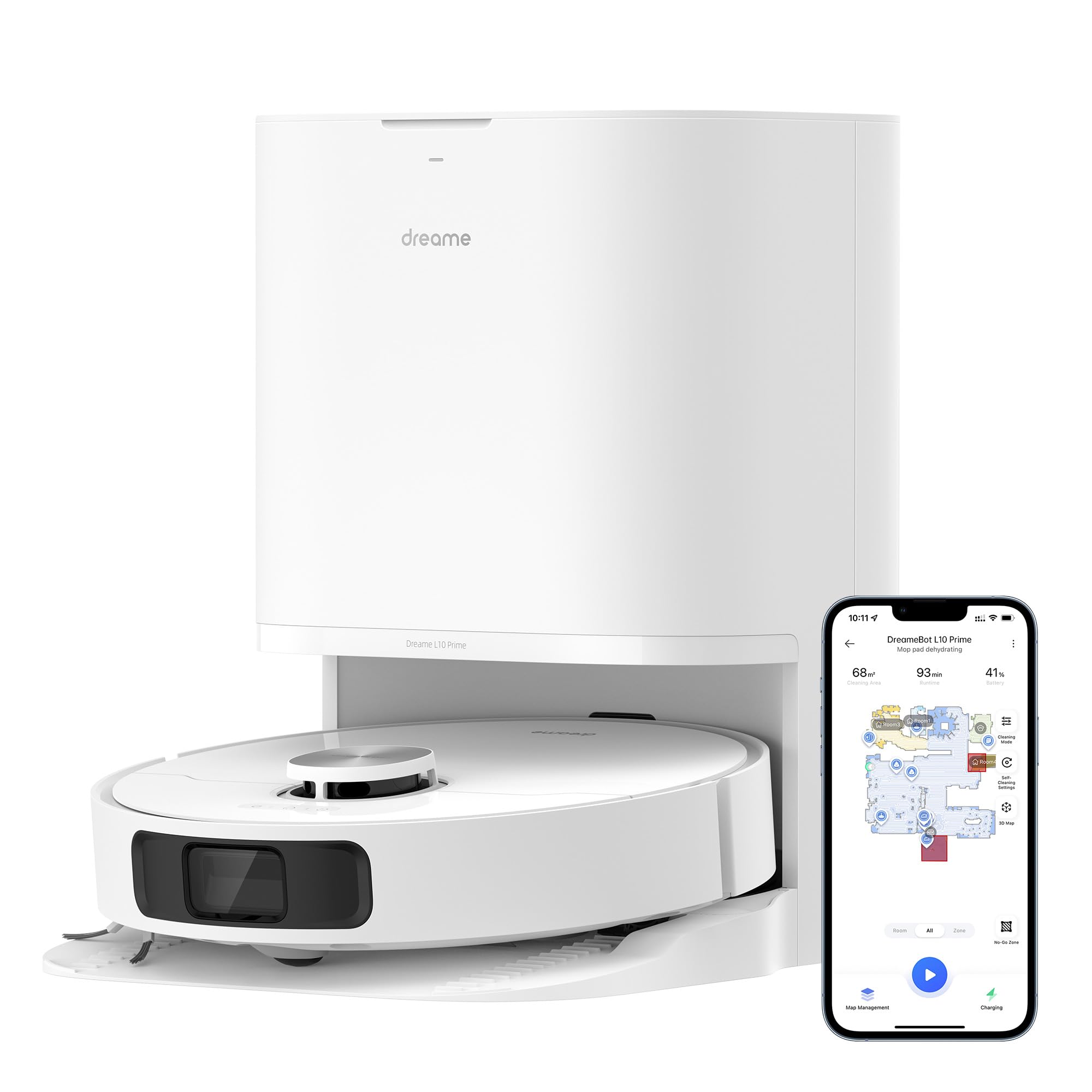 ربات جاروبرقی Dreame L10 Prime و ربات موبر با ایستگاه شستشوی خودکار پدهای شستشو، آسانسور 7 میلی متری موپان، ناوبری LDS، قدرت مکش 4000Pa، نقشه برداری سه بعدی، WiFi/APP