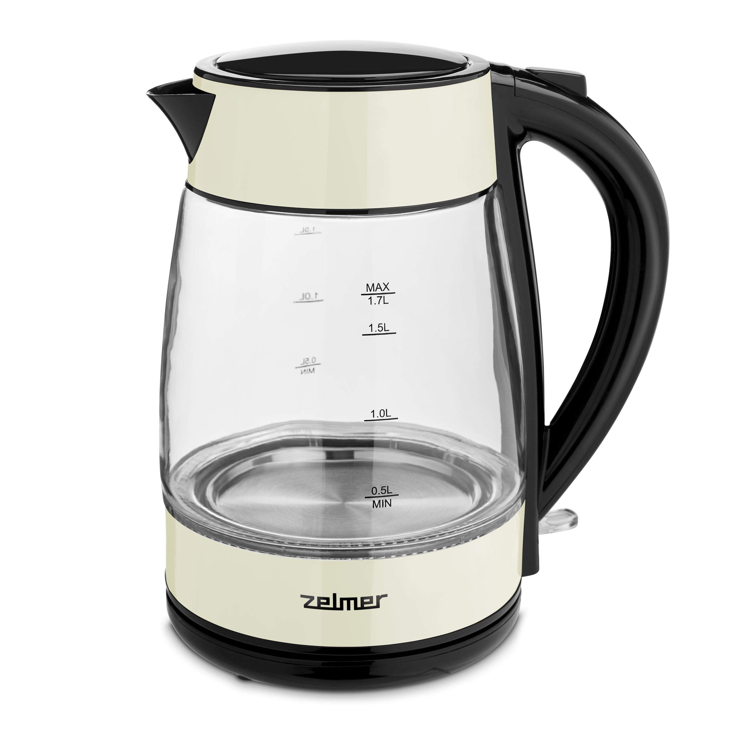 کتری برقی شیشه‌ای زلمر لهستان Zelmer ZCK8011I با چراغ LED، ظرفیت ۱.۷ لیتر، توان ۲۲۰۰ وات، پایه ۳۶۰ درجه، بی‌سیم، خاموش شدن خودکار، محافظت در برابر خشک شدن، کرم بدون BPA