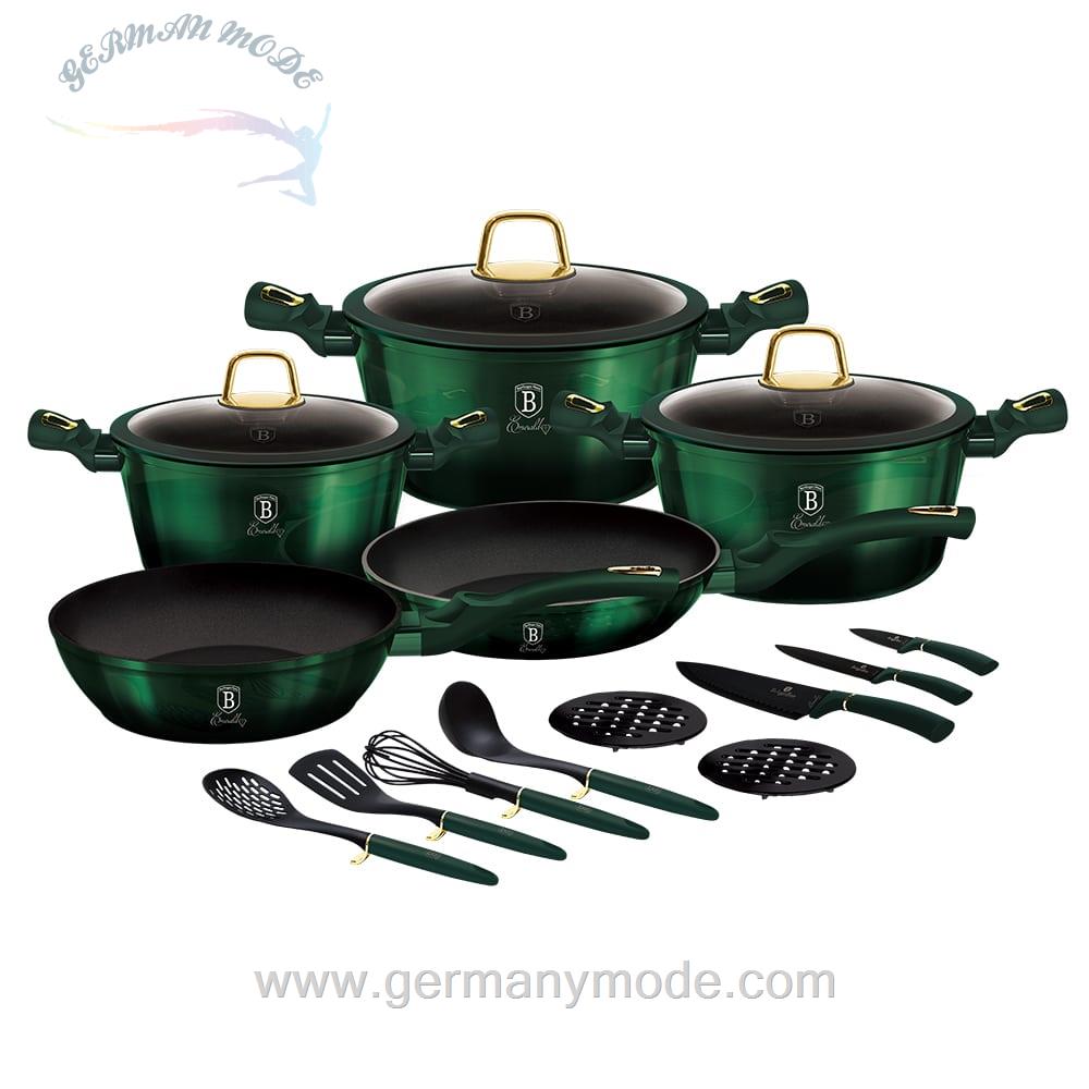 سرویس قابلمه ماهیتابه کفگیر ملاقه چاقو 17 پارچه برلینگر هاوس مجارستان BerlingerHaus 17-PIECE COOKWARE SET BH-7043 EMERALD COLLECTION
