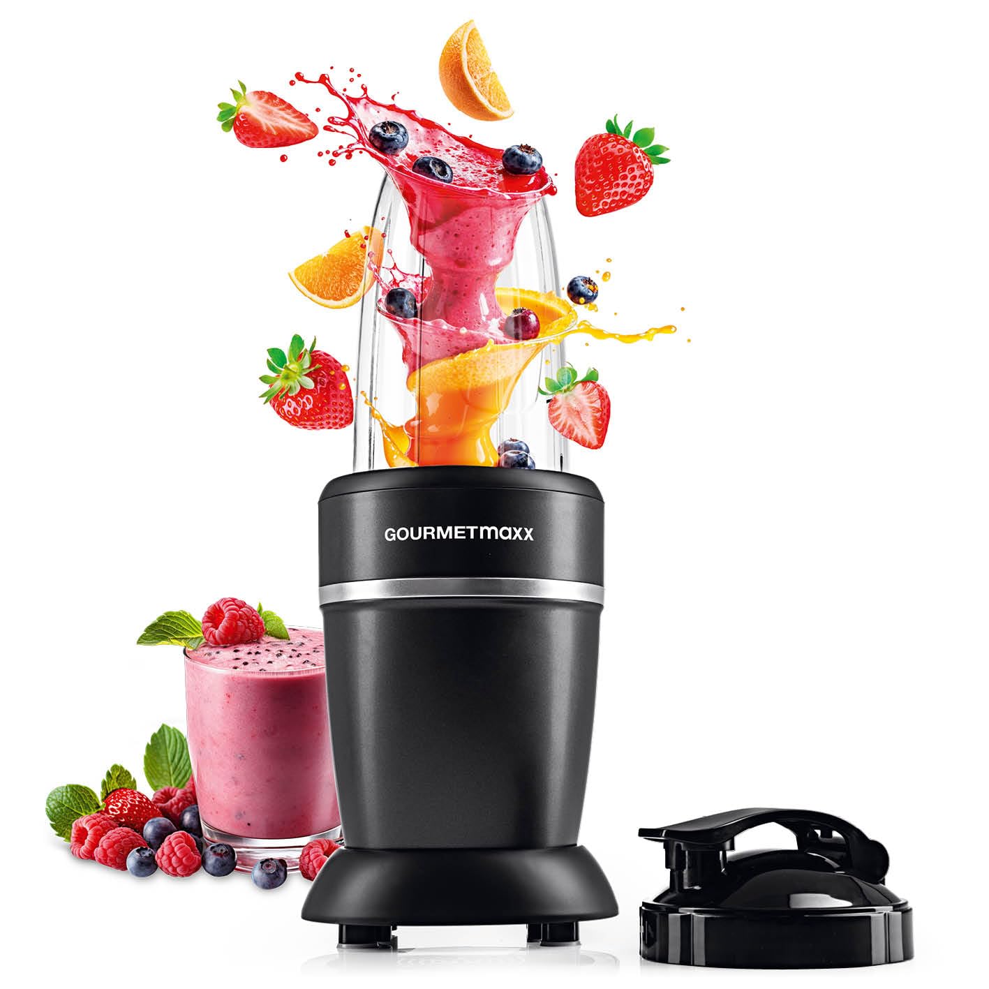 اسموتی ساز گورمت‌ مکس آلمان GOURMETmaxx | همزن برقی ایستاده برای افزایش ویتامین در حال حرکت | مخلوط‌کن تغذیه‌ای با درب ضد نشت | مخلوط‌کن، غذاساز برای تهیه شیک و موارد دیگر. قدرت مخلوط‌کن تغذیه‌ای + حرفه‌ای | ۱۰۰۰ وات | مجموعه M مشکی | استیل ضد زنگ