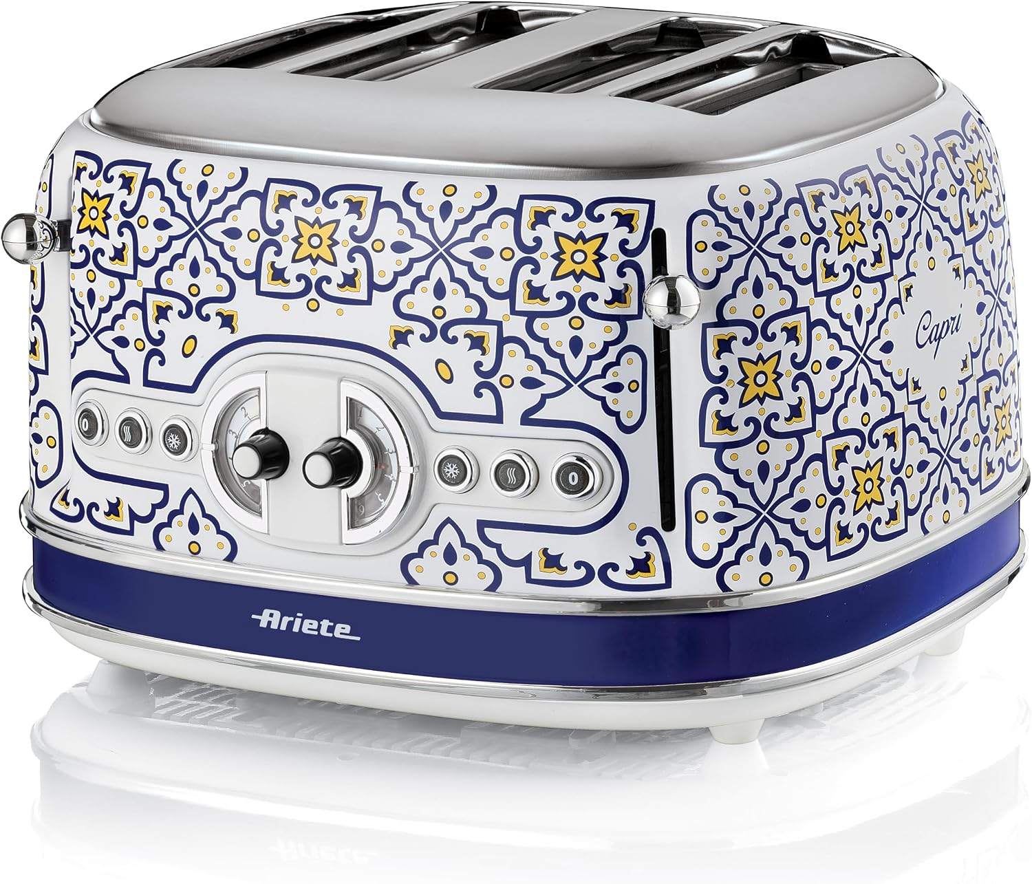 توستر 4 اسلایس با طراحی آریته ایتالیا Ariete 156/0C کاپری، طراحی مدیترانه ای، 4 اسلات با کنترل های جداگانه، 6 سطح قهوه ای شدن ، سینی خرده نان، 1630 وات