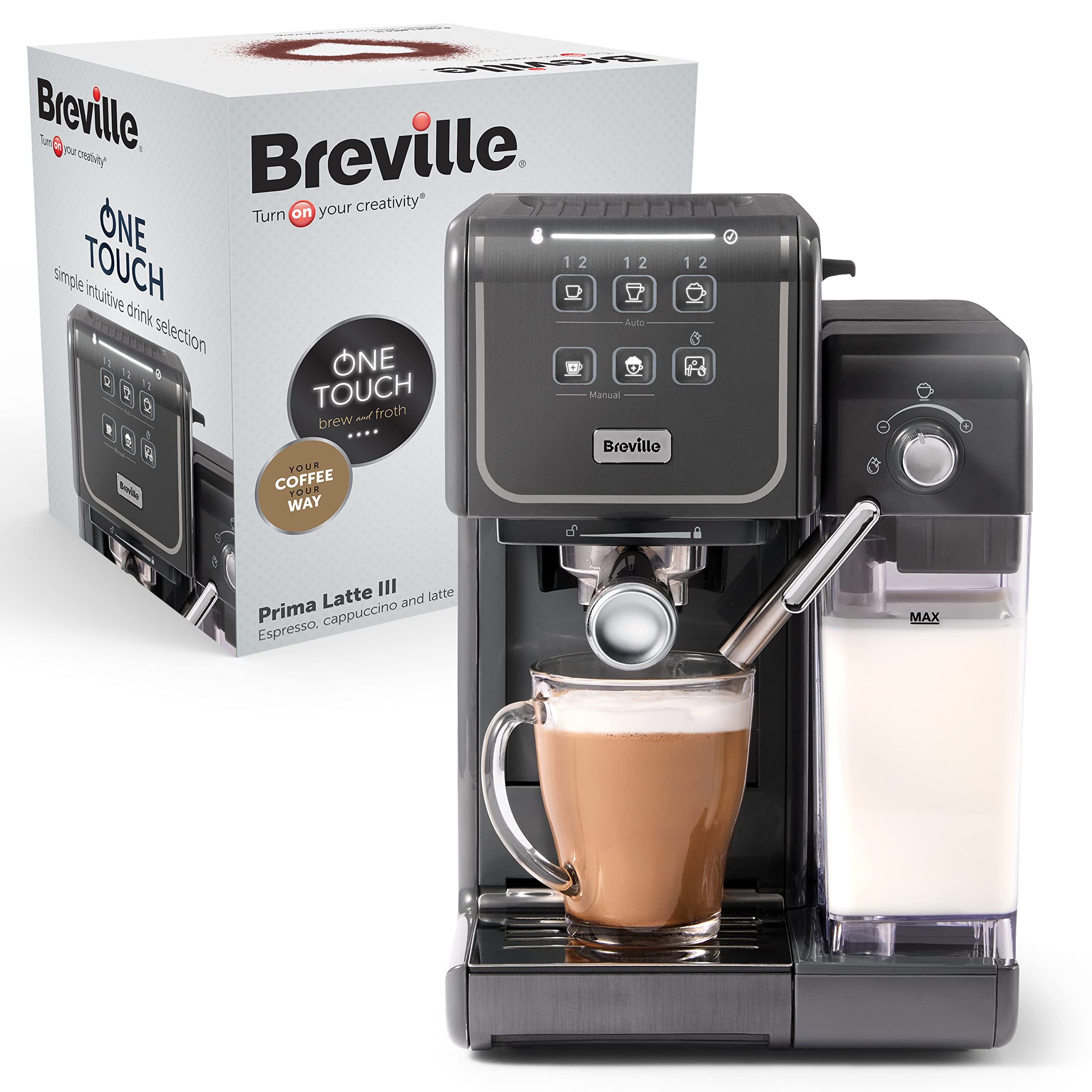 خرید از آمازون - دستگاه پورتافیلتر Breville Prima Latte III | دستگاه اسپرسوساز/قهوه ساز تمام اتوماتیک با کف کننده شیر و پمپ ایتالیایی 19 بار | سازگار با پدهای ESE | خاکستری [VCF146X] نقره ای