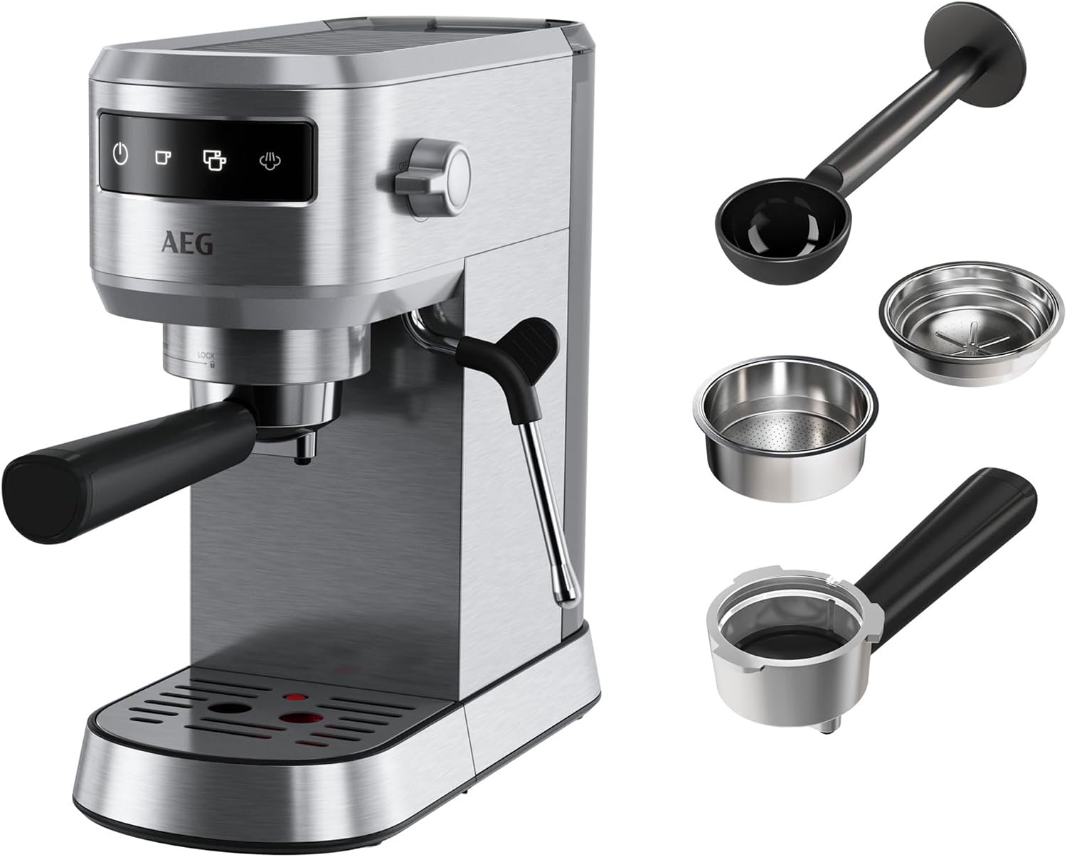 اسپرسو ساز آاگ آلمان AEG EC6-1-6ST Espresso طراحی باریک فناوری ترموبلاک فشار ۱۵ بار صفحه کنترل لمسی