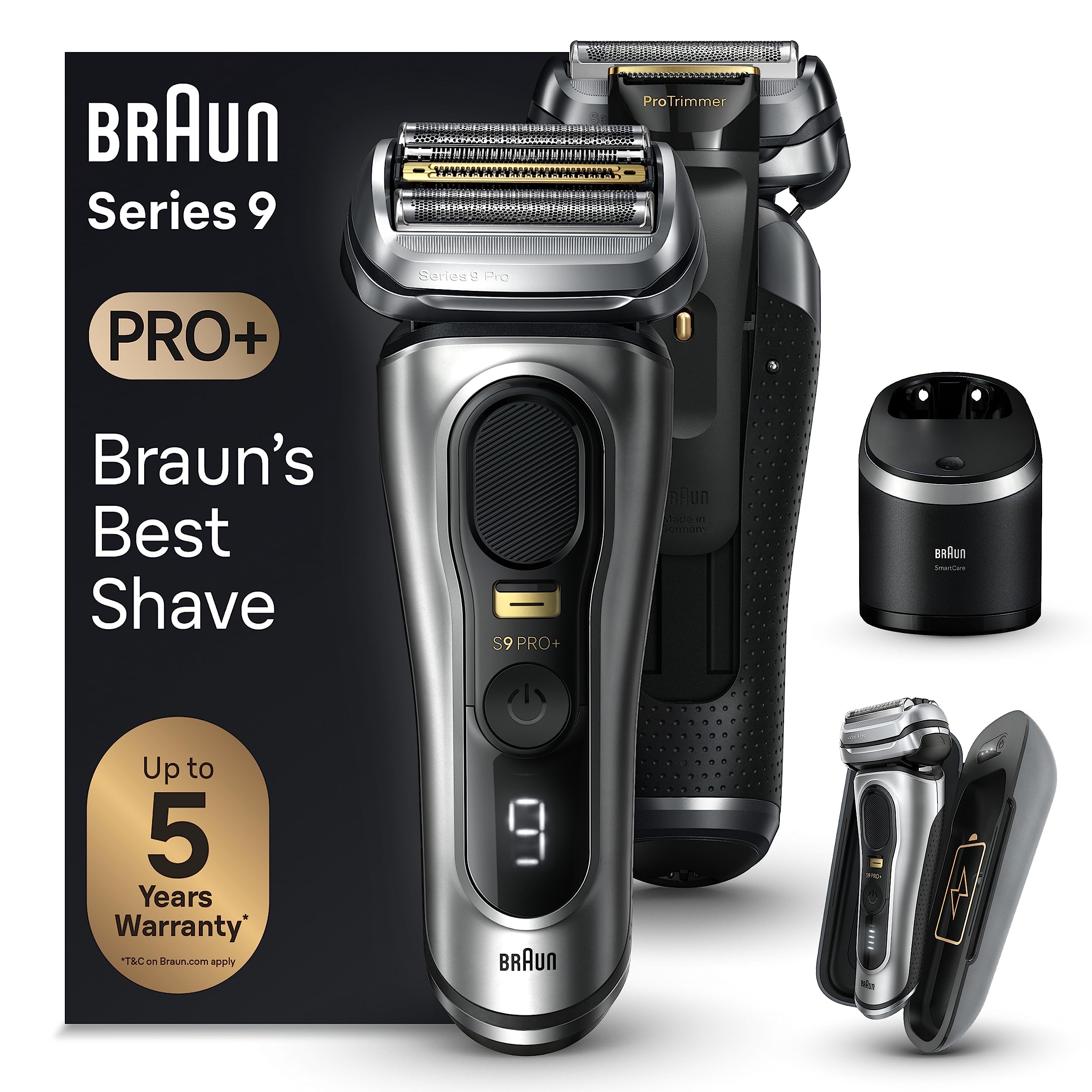 خرید از آمازون - تیغ مردانه Braun Series 9 Pro+، ریش تراش برقی با 5 عنصر اصلاح Pro، موی بلند و ایستگاه تمیزکننده، کیف شارژ ریش تراش PowerCase، زمان اجرا 60 دقیقه، ساخت آلمان، 9577cc، نقره ای