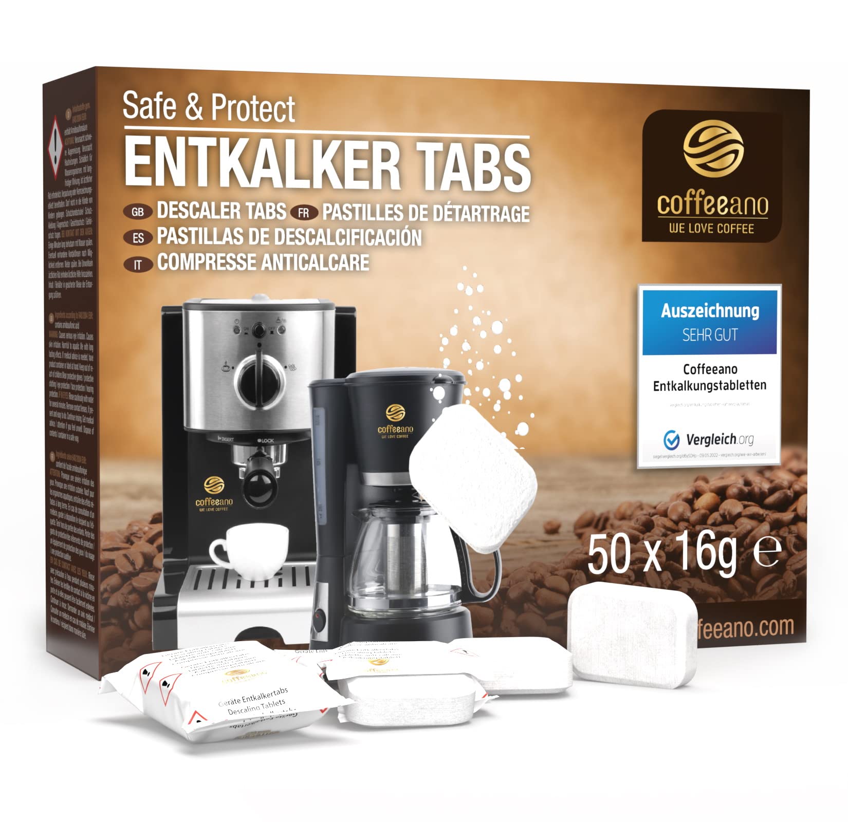 خرید از آمازون - قرص رسوب زدای Coffeeano 50 برای دستگاه های قهوه ساز و قهوه ساز تمام اتوماتیک. زبانه های رسوب زدایی برای Delonghi، Siemens، EQ series، Jura، Krups، Bosch، Miele، Melitta، WMF و موارد دیگر. 50 عدد (بسته 1 عددی)