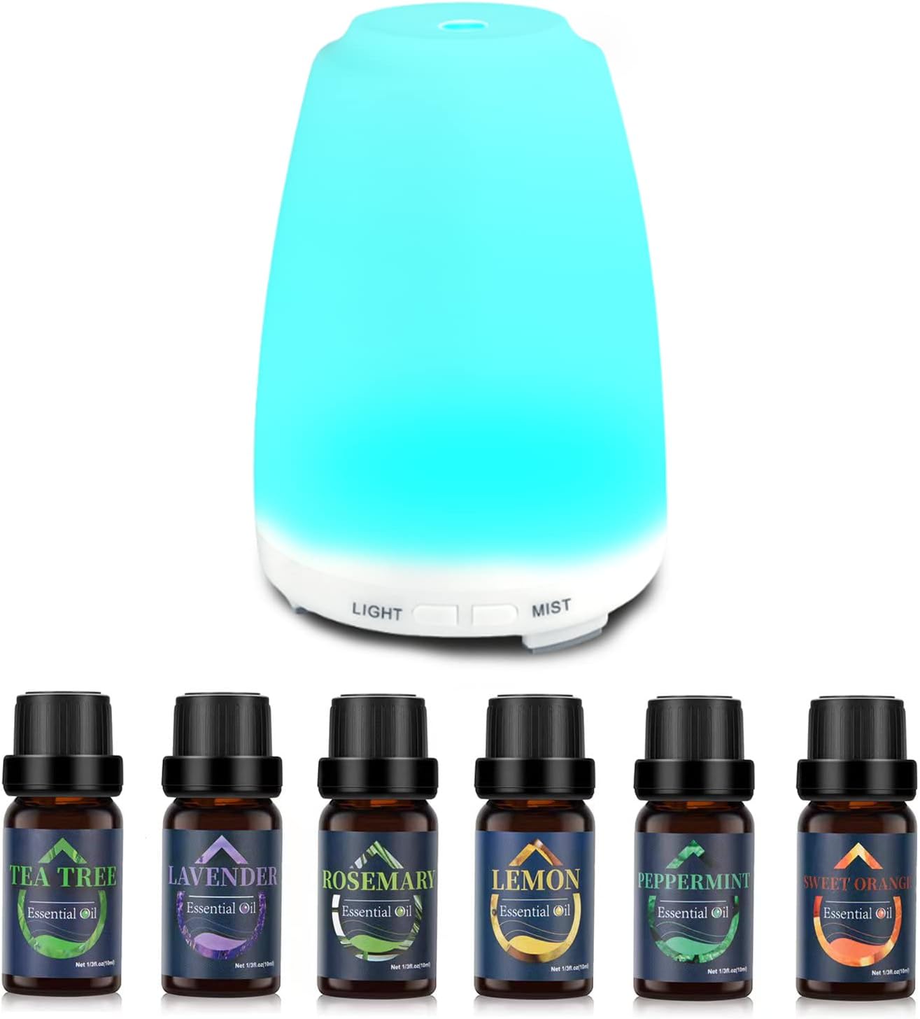 دستگاه خوشبو کننده هوا مرطوب کننده التراسونیک 200 میلی لیتری پخش کننده عطر روغن های عطر با 6 × 10 میلی لیتر اسانس، پخش کننده روغن های آروماتراپی با LED 7 رنگ برای اتاق خواب دفتر خانه (سفید-6)