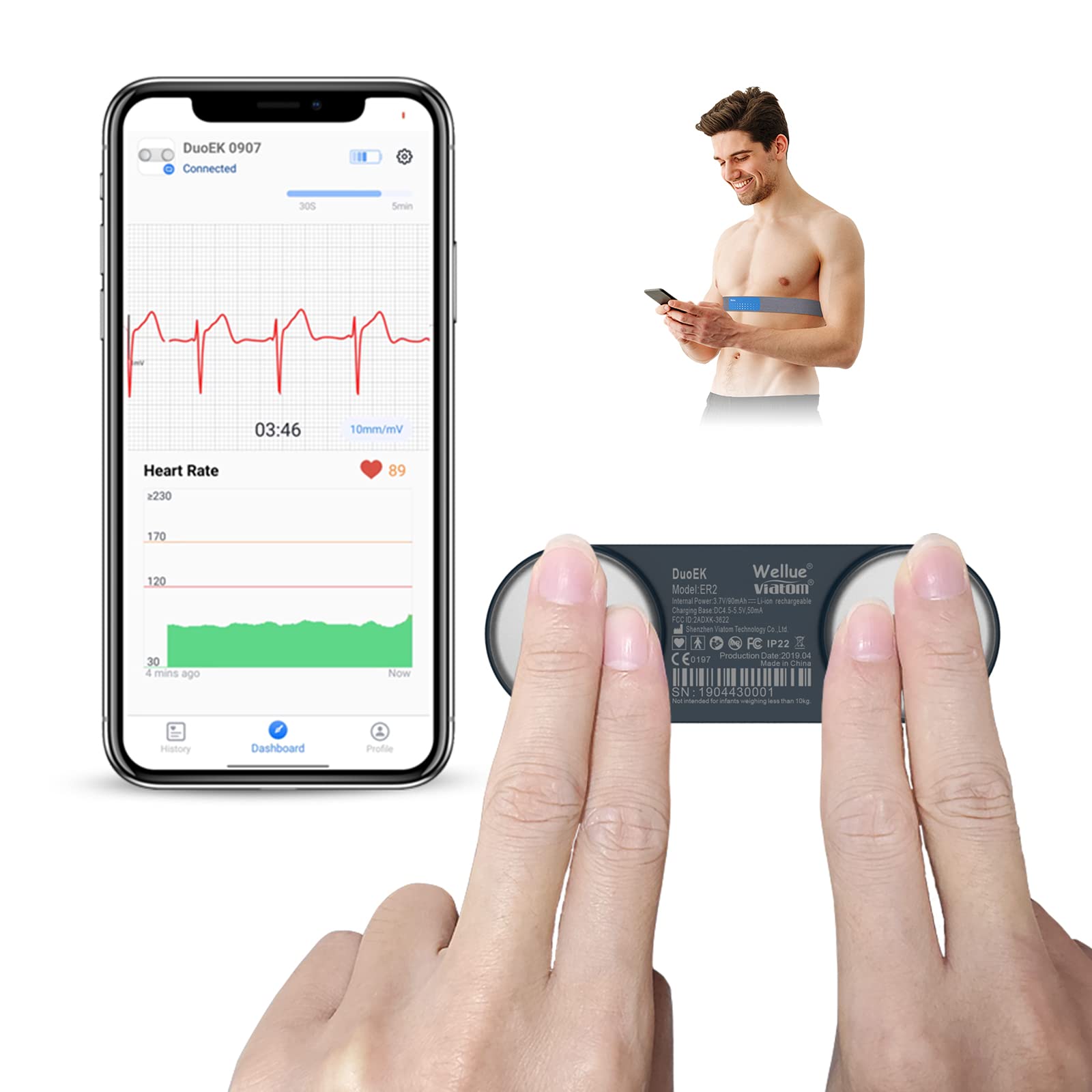 خرید از آمازون - دستگاه ECG ViATOM، دستگاه ECG شخصی، ردیاب سلامت قلب سینه قابل حمل بی سیم، دستگاه ECG موبایل بلوتوث، برنامه رایگان برای iOS و Android مشکی