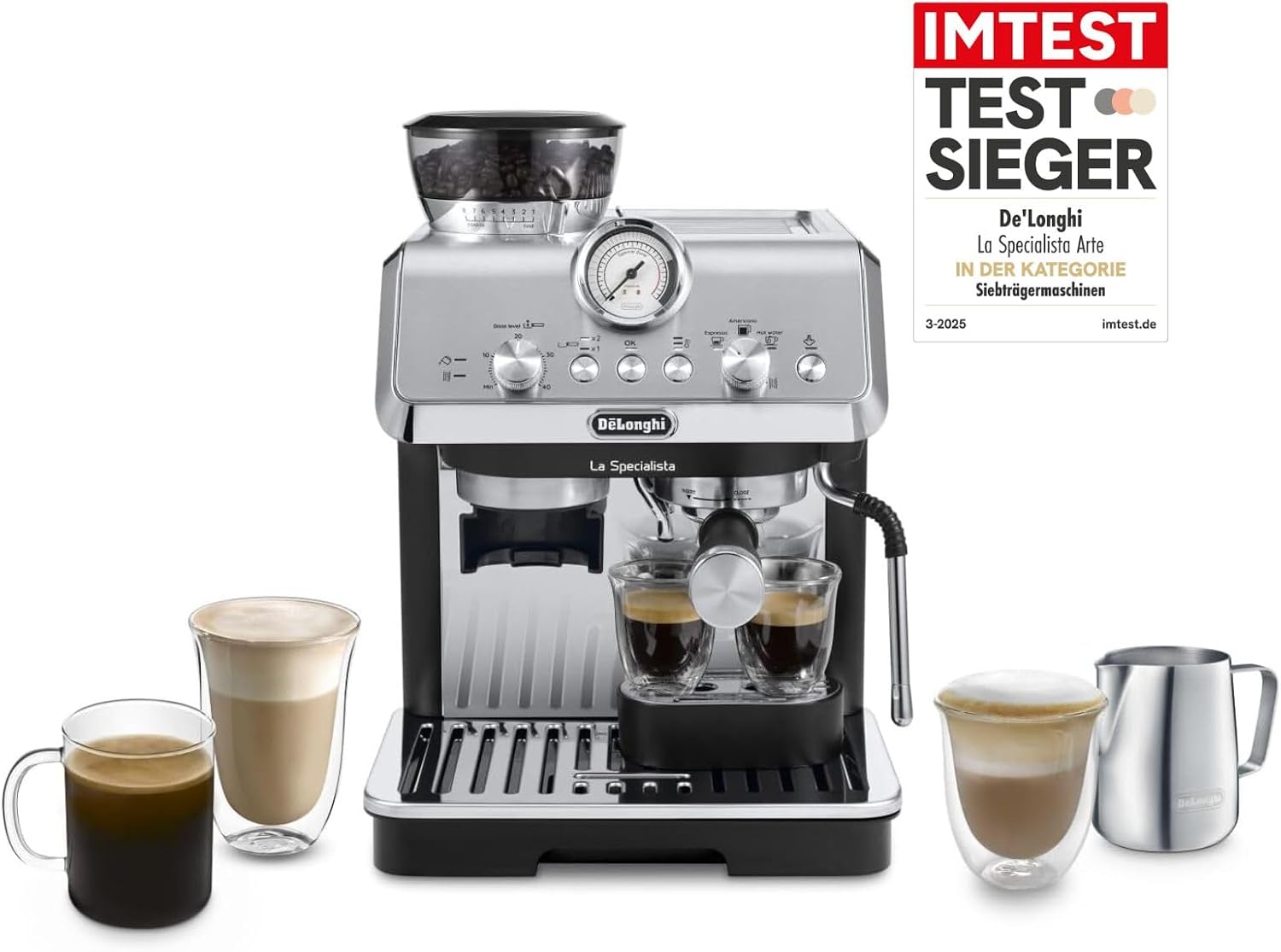 اسپرسو ساز پرتافیلتر دلونگی آلمان DeLonghi La Specialista Arte EC9155.MB با آسیاب، ۸ حالت ۱۵ بار، ۳ حالت دما، کف‌ساز شیر، ۱۵۵۰ وات، مخزن ۱.۷ لیتری