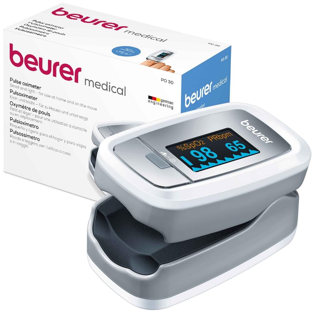 پالس اکسیمتر دیجیتال بیورر آلمان Beurer PO 30 برای اندازه گیری اشباع اکسیژن در خون و نبض، 61 x 36 x 32 mm، 57 گرم، سفید و نقره ای 4 فرمت نمایش