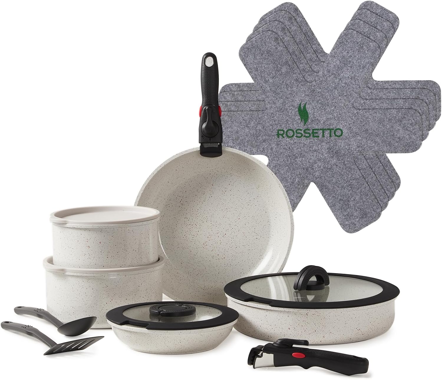ست قابلمه و ماهیتابه 17 تیکه روزیتو فرانسه القایی 17 تکه ROSSETTO با دسته قابل جابجایی و روکش نچسب سرامیکی، سرویس قابلمه آلومینیومی روی هم با ماهیتابه 20/28 سانتی متر، قابلمه 18/20 سانتی متر، ماهیتابه 28 سانتی متری، قابلمه ای در فر