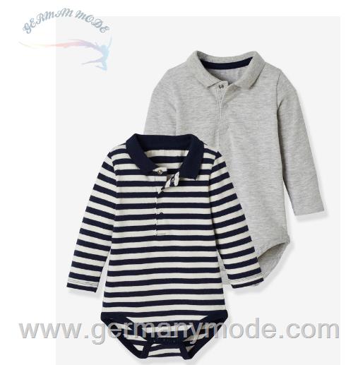 ست بلوز زیر دکمه دار 2 تایی نوزاد ورت فرانسه Vertbaudet 2er-Pack Baby Langarmbodys Polokragen Oeko Tex - grau meliert-navy gestreift
