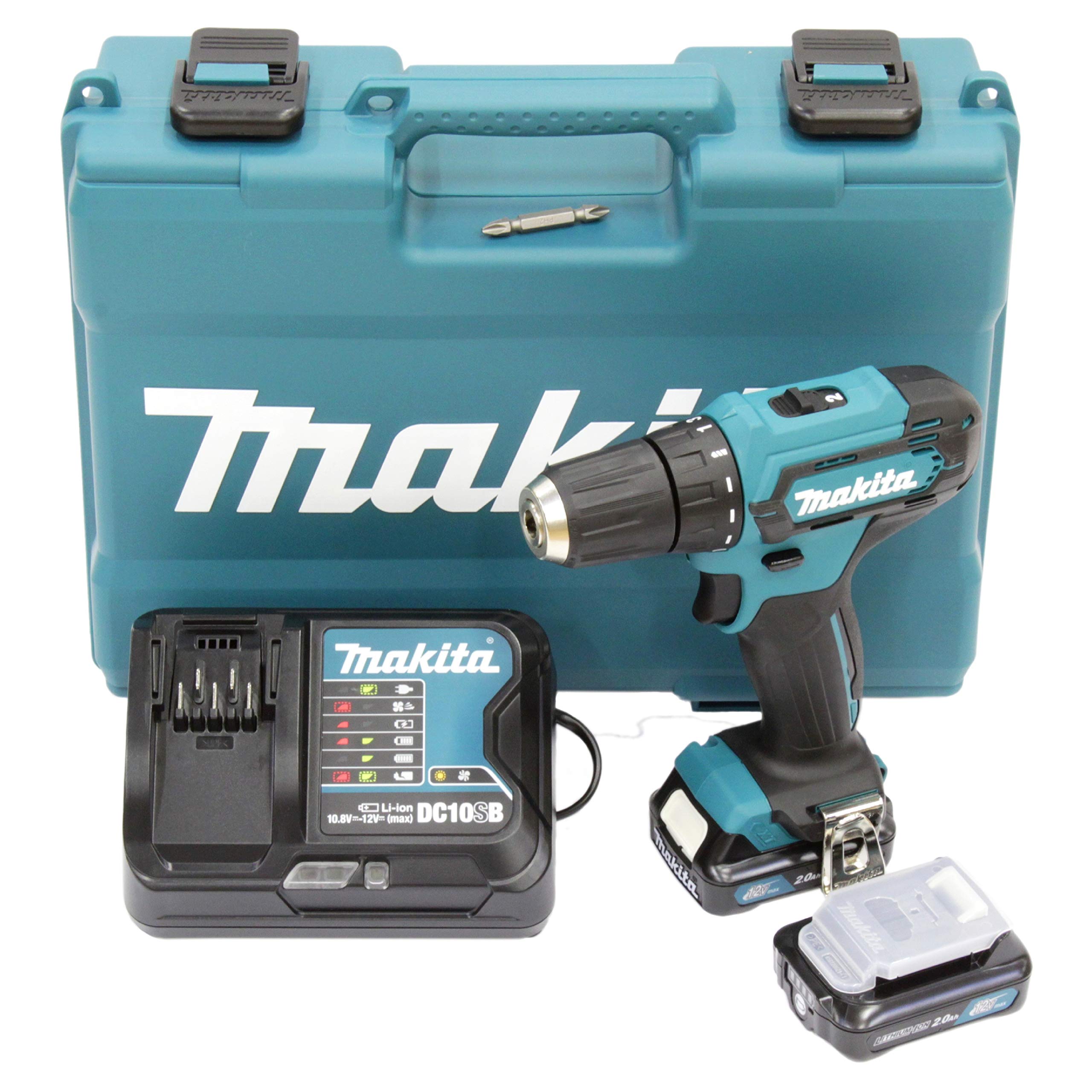 خرید از آمازون - دریل/درایور شارژی Makita DF333DSAE حداکثر 12 ولت / 2.0 Ah، 2 باتری + شارژر در جعبه حمل، مشکی، تکی آبی با 2 باتری + شارژر.