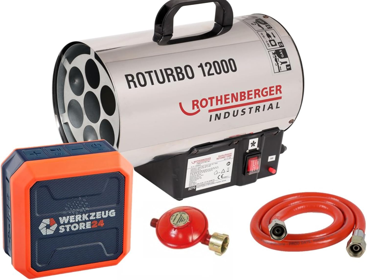 بخاری صنعتی گازی روتنبرگر آلمان ROTHENBERGER RoTurbo 12000 با پیزو، شلنگ و رگلاتور | دمای شعله 930 درجه سانتی‌گراد | همراه با اسپیکر بلوتوثی با 30 ساعت زمان کار
