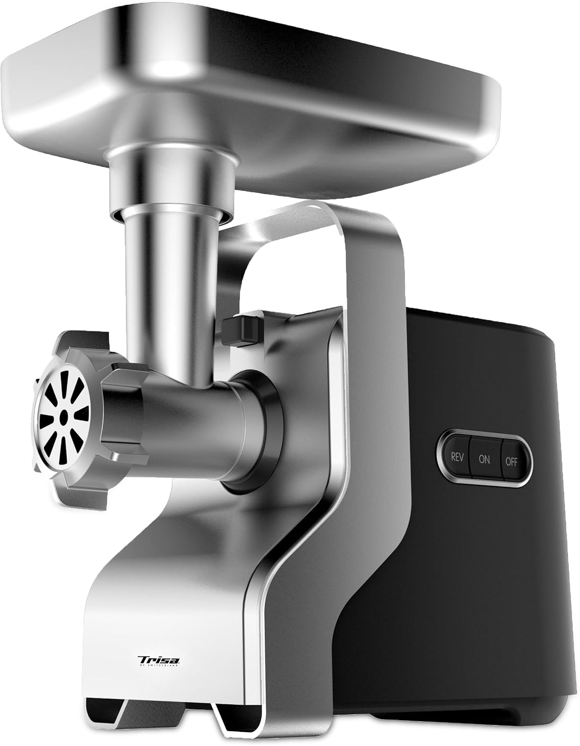 چرخ گوشت برقی تریزا سوئیس Trisa Electric Meat Mincer Stainless Steel استیل ضد زنگ، ۳ دیسک سوراخ‌دار، خردکن گوشت چرخ‌کرده، پرکننده سوسیس، تمیز کردن آسان