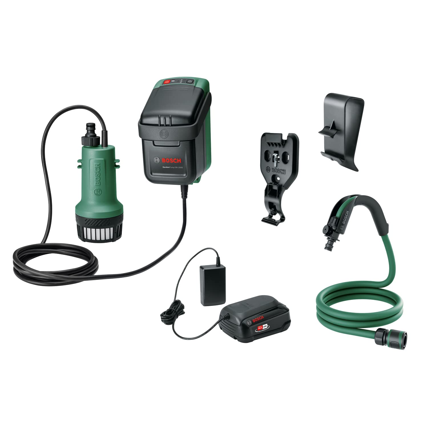 خرید از آمازون - پمپ شناور بوش GardenPump 18V-2000 با باتری و شارژر | برای مخازن باز آب باران و مخازن با درب ایمنی | عملکرد تایمر و گزینه های نصب همه کاره | برد تا 25 متر
