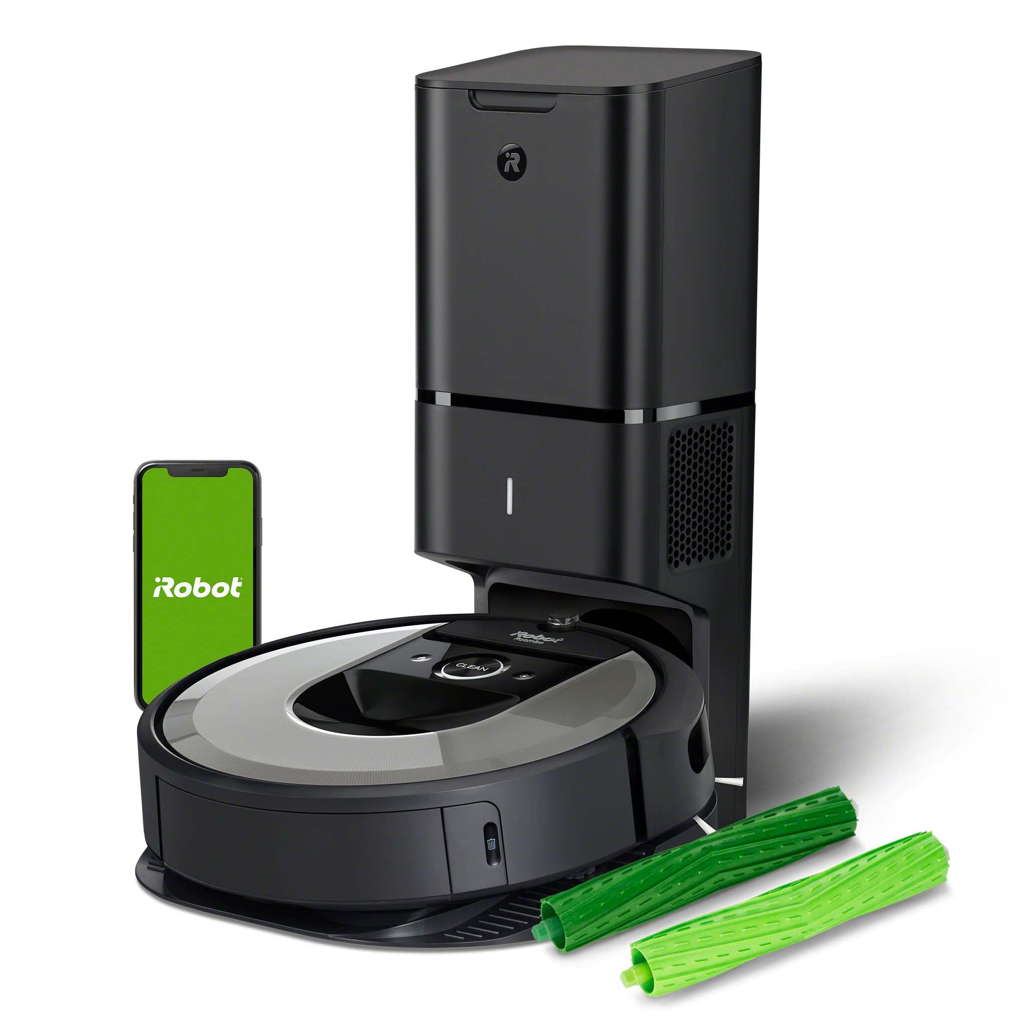 جارو رباتیک آی ربات آمریکا ربات جارو برقی قابل کنترل iRobot Roomba i7+ (i7556) با ایستگاه مکش با نقشه برداری، تمیز کردن بر اساس اتاق ها و اشیاء، دستیار صوتی سازگار در مجموعه با 1 مجموعه 2 برس لاستیکی جایگزین Roomba i7+ و برس های جایگزین