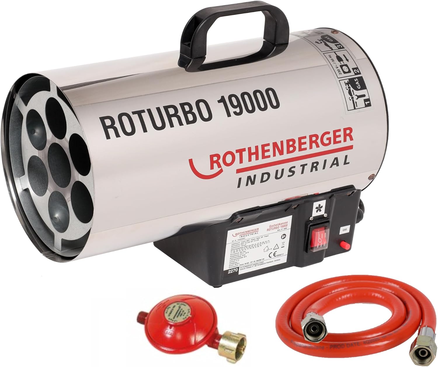 بخاری صنعتی گازی روتنبرگر آلمان Rothenberger RoTurbo 19000 با پیزو، شلنگ 1 متر و رگلاتور 300mbar | توان 18.2 کیلووات | با ایمنی حرارتی و مناسب استفاده در فضای خارجی