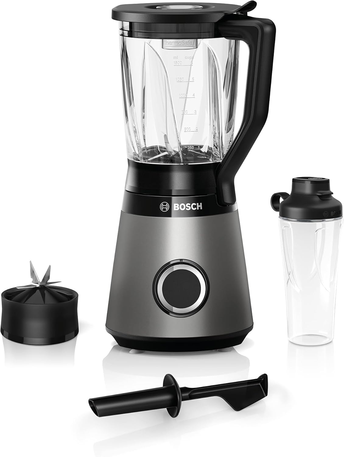 مخلوط کن بوش آلمان Bosch MMB6174SN، نسخه بهبود یافته، تیغه های فولادی ضد زنگ با کیفیت بالا، ظرف شیشه ای 1.5 لیتری، بطری 0.6 لیتری 30000 دور در دقیقه، 1200 وات