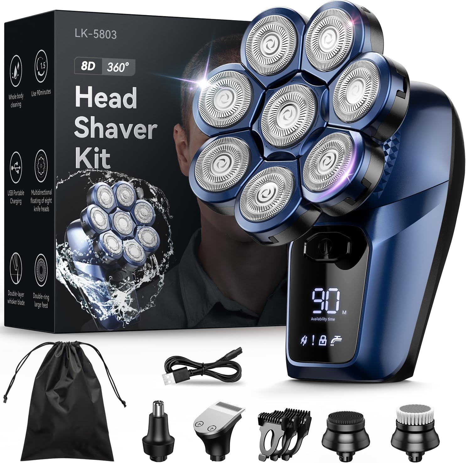 ریش تراش شارژی و ماشین اصلاح مخصوص سر کچل ریش تراش برقی مردانه، ریش تراش سر Bazivve 7 در 1 برای سرهای طاس 0.0 میلی متر با 8 سر اصلاح چرخان، کیت مراقبت از ریش ریش با صفحه نمایش LCD ضد آب IPX7