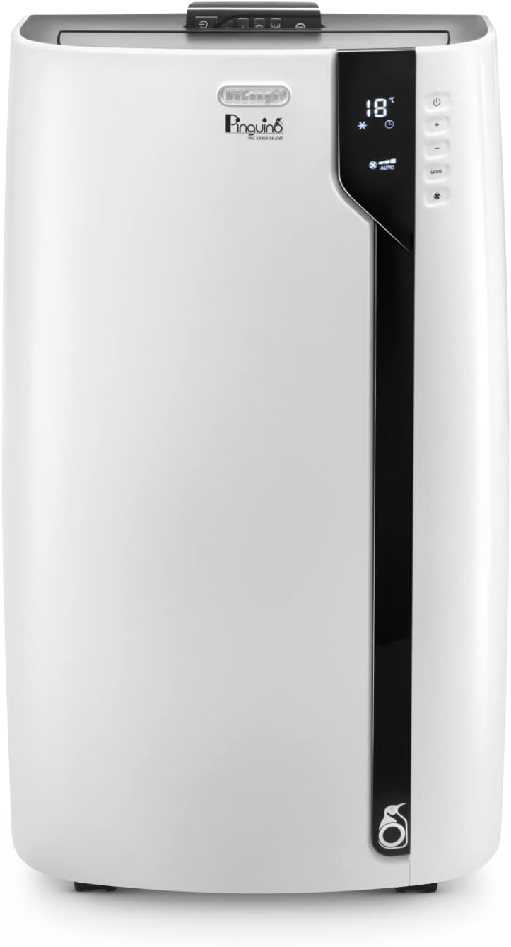 تصفیه هوا رطوبت گیر دلونگی ایتالیا DeLonghi Pinguino PAC EX100 سایلنت با شلنگ اگزوز، تهویه مطبوع اتاق تا 110 متر مکعب، رطوبت گیر، عملکرد تهویه، تایمر 24 ساعته، رنگ سفید برای اتاق تا 110 متر مکعب - EEK A++ سفید