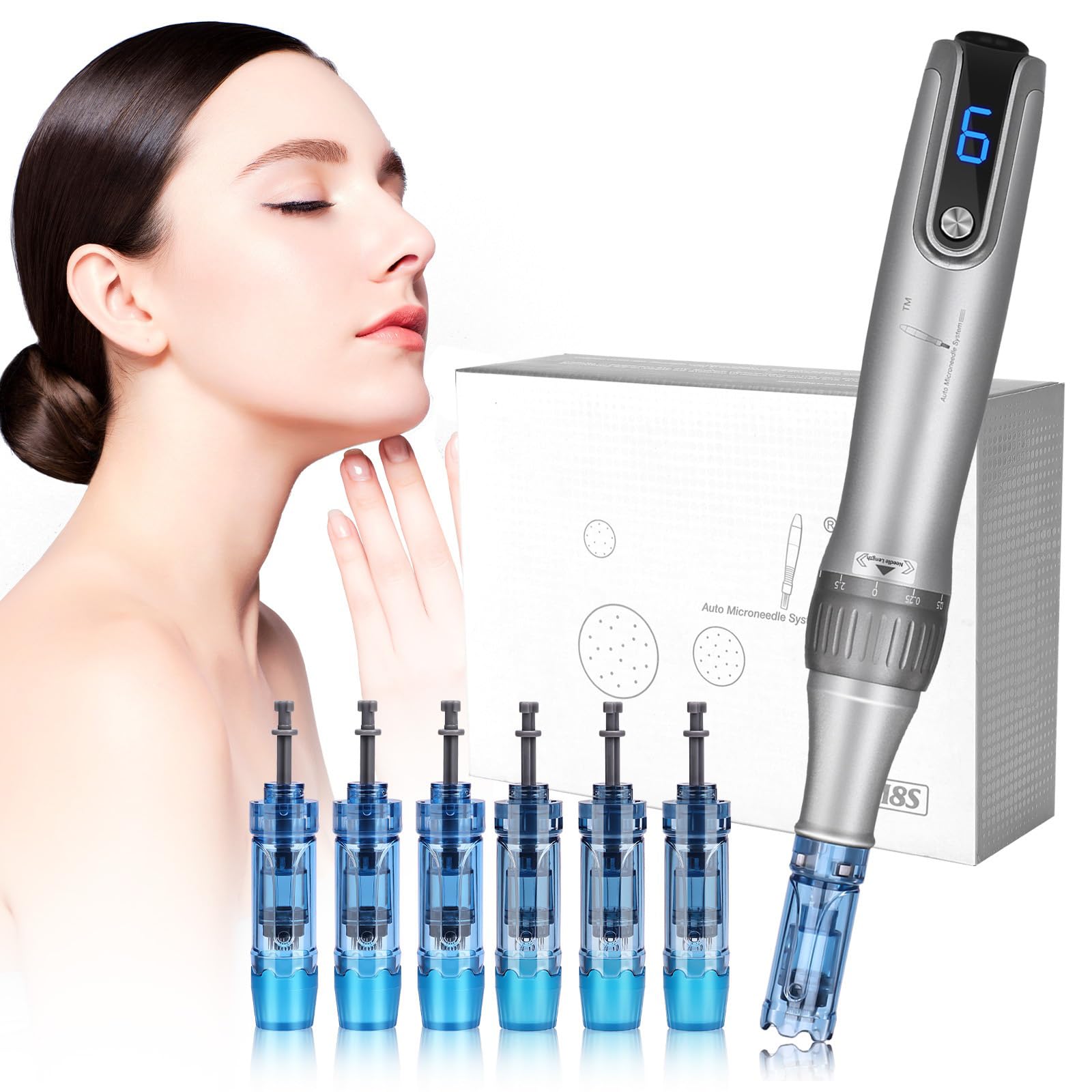 خرید از آمازون - قلم میکرونیدلینگ Yofuly M8S، Electric Dermapen M8S، درما Pen 0-2.5mm با صفحه LCD و 6 سطح، قلم میکرونیدلینگ با 6 کارتریج سوزن میکرونیدلینگ برای پوست صورت