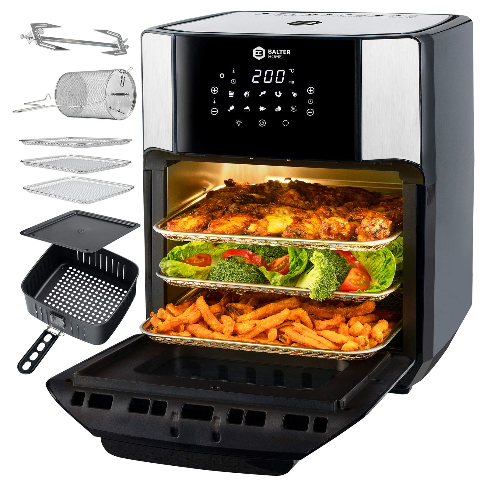 خرید از آمازون - Balter Heißluftfritteuse HL-1200, Friteuse, 12 Liter, Mini Backofen, Dörrautomat Funktion, LCD Display, 10 Programme, inkl. Rezeptheft und Zubehör