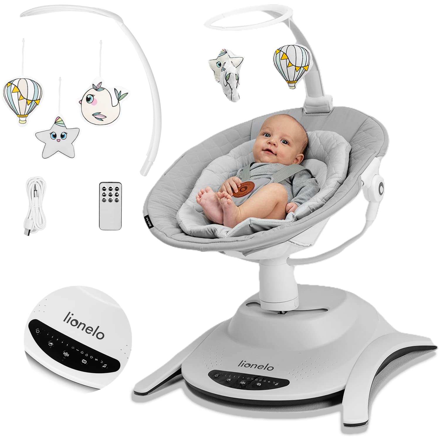 خرید از آمازون - LIONELO Bella Elektrische Babywippe 360o für Babys bis 9 kg, verstellbare Rückenlehne, 5 Schaukelgeschwindigkeiten Sicherheitsgurt Erkennung von Bewegungen Anti-Rutsch