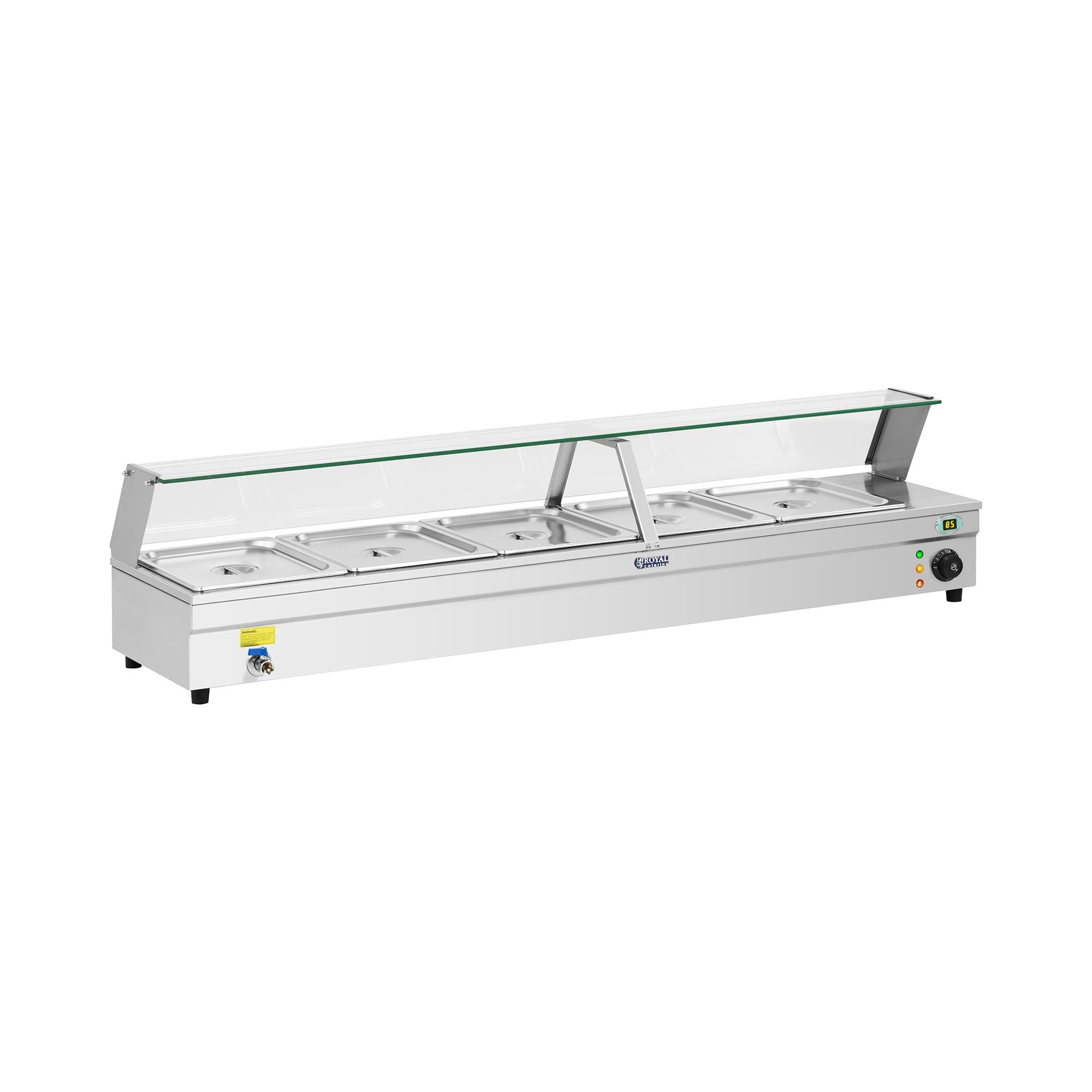 ظرف غذای گرمکن بن ماری Royal Catering مدل Bain Marie مدل RCBM-5 (2200 وات، 5 لگن 1/2 اینچی GN، شیر تخلیه، محدوده دمایی 30 تا 85 درجه سانتیگراد)